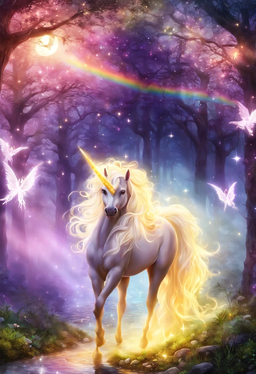 (best quality, 4k, 8k, highres:1.2), ultra-detailed, (realistic, photorealistic:1.37), portraits, unicorn, fantasy, enchanted, wonderland, sparkling, magical, wings, golden, mythical, ethereal, glowing mane, rainbow, galloping, prancing, lush forest, illuminated, tree branches dancing, mystical, night sky with stars, moonlit, ethereal mist, whimsical flowers, vivid colors, soft pastels, enchanted creatures, gentle nature, beautiful fantasy unicorn, magical creature, glowing horn, ethereal mane, shimmering scales, majestic presence, enchanting eyes, graceful movement, whimsical background, dreamlike landscape, vibrant colors, soft lighting, surreal atmosphere, mythical charm, mystical forest, sparkling stars, ethereal atmosphere, otherworldly beauty, magical aura, enchanting adventure, magnificent creature, fantastical realm, dreamy ambiance, captivating fantasy, fairytale-inspired, mystical journey, magical realm, tranquil setting.