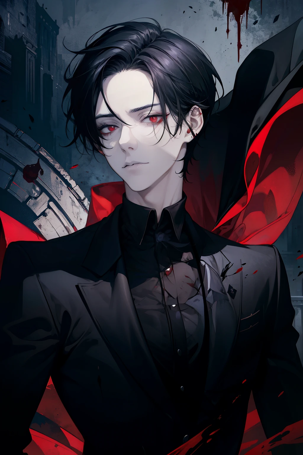 (masterpiece, best quality), 1 male, aldult, Handsome, short black hair, red eyes, black suit, earrings, forehead, Upper body, vampire, building, dark, moonlight, Dutch Cape, mysterious atmosphere,Blood stains on the face,There are scars on the face，Gloomy eyes，maniac，Bad guys，red phoenix eye，crazy expression