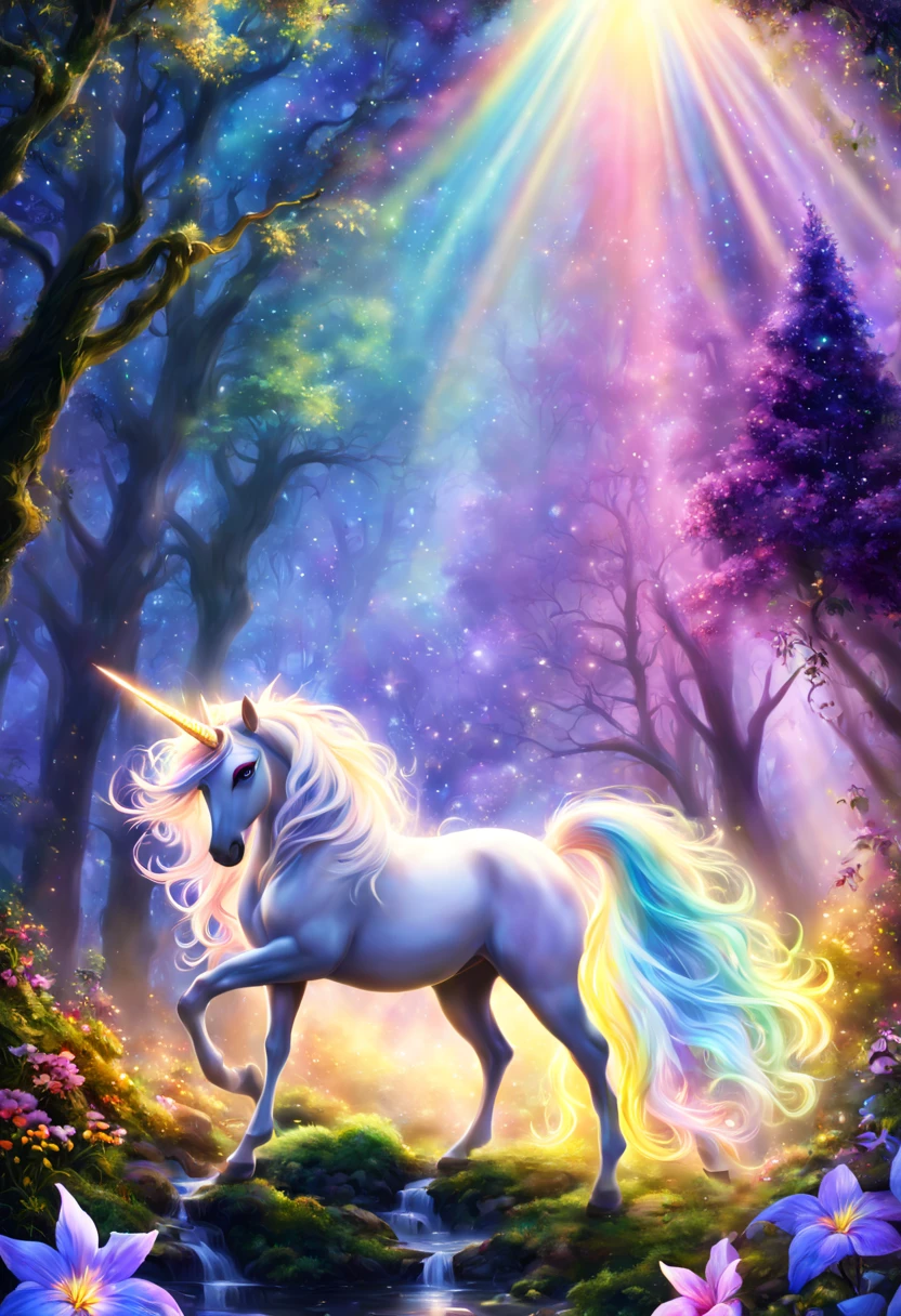 (best quality, 4k, 8k, highres:1.2), ultra-detailed, (realistic, photorealistic:1.37), portraits, unicorn, fantasy, enchanted, wonderland, sparkling, magical, wings, golden, mythical, ethereal, glowing mane, rainbow, galloping, prancing, lush forest, illuminated, tree branches dancing, mystical, night sky with stars, moonlit, ethereal mist, whimsical flowers, vivid colors, soft pastels, enchanted creatures, gentle nature, beautiful fantasy unicorn, magical creature, glowing horn, ethereal mane, shimmering scales, majestic presence, enchanting eyes, graceful movement, whimsical background, dreamlike landscape, vibrant colors, soft lighting, surreal atmosphere, mythical charm, mystical forest, sparkling stars, ethereal atmosphere, otherworldly beauty, magical aura, enchanting adventure, magnificent creature, fantastical realm, dreamy ambiance, captivating fantasy, fairytale-inspired, mystical journey, magical realm, tranquil setting.