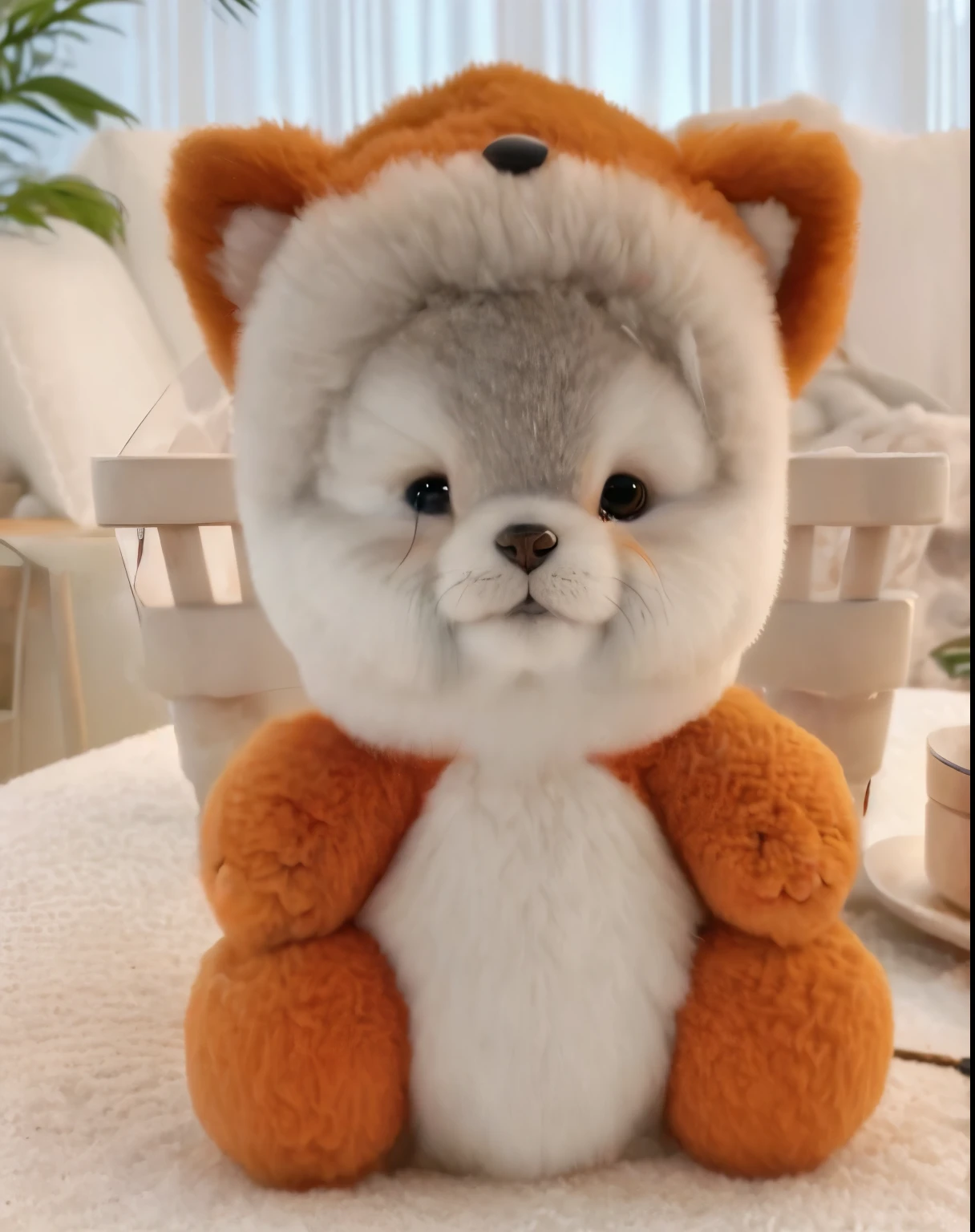 a close up of a peluche sitting on a table, Lindo juguete, cute fumo felpa fox girl, peluche, felpa toy, Lindo zorro, coronavirus as a peluche, felpa doll, felpay, felpaie, piel de naranja esponjosa, adorablemente lindo, felpa, peluche, felpa mascot, anthropomorphic shiba inu, extremadamente lindo