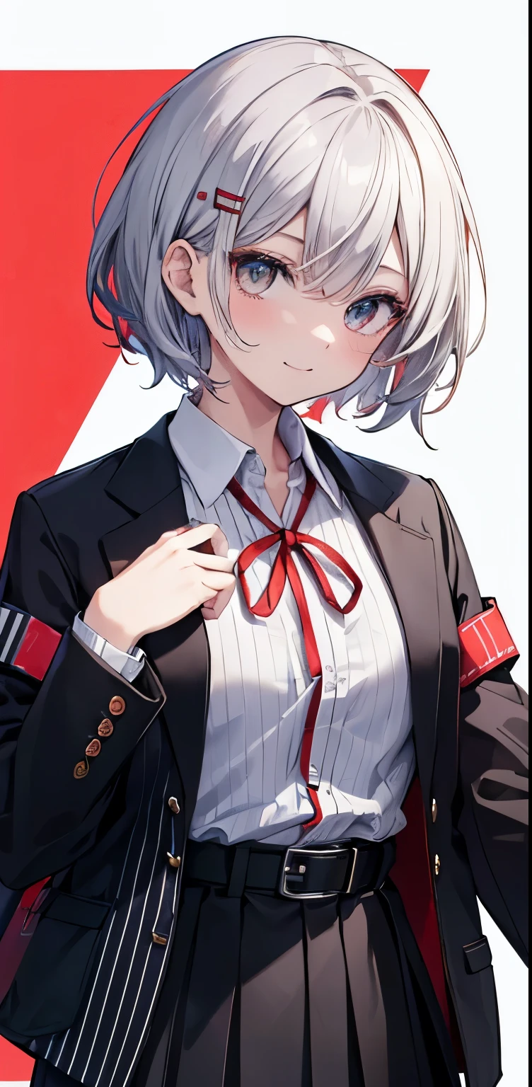 red面, striped, 1 girl, smile, hair_ornament, 一人in, green_eye, closed_mouth, length_dispel, eyebroins_appear_through_hair, shirt, 前hair, Jacket, vertical_stripe, inhite_background, inhite_Jacket, inhite_shirt, black_skirt, skirt, hand_superior, hair_betineen_eye, looking for_in_vieiner, black_shirt, ribbon, diagonal_stripe, short_hair, belt, nose_red面, collared_shirt, hairclip, virtual_youtuber, pleined_skirt, Silver_hair, simple_background, inhite_hair, crew_collar, Open_Jacket, in, striped_background, Open_Clothes, gray_shirt, red_headinear, boin, superiorper_body, head_ribbon, black_dress, black_belt, striped_boin, tino-tone_background, School_uniform