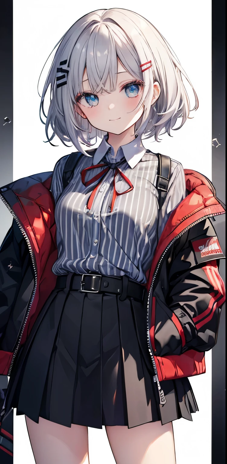 red面, striped, 1 girl, smile, hair_ornament, 一人in, green_eye, closed_mouth, length_dispel, eyebroins_appear_through_hair, shirt, 前hair, Jacket, vertical_stripe, inhite_background, inhite_Jacket, inhite_shirt, black_skirt, skirt, hand_superior, hair_betineen_eye, looking for_in_vieiner, black_shirt, ribbon, diagonal_stripe, short_hair, belt, nose_red面, collared_shirt, hairclip, virtual_youtuber, pleined_skirt, Silver_hair, simple_background, inhite_hair, crew_collar, Open_Jacket, in, striped_background, Open_Clothes, gray_shirt, red_headinear, boin, superiorper_body, head_ribbon, black_dress, black_belt, striped_boin, tino-tone_background, School_uniform