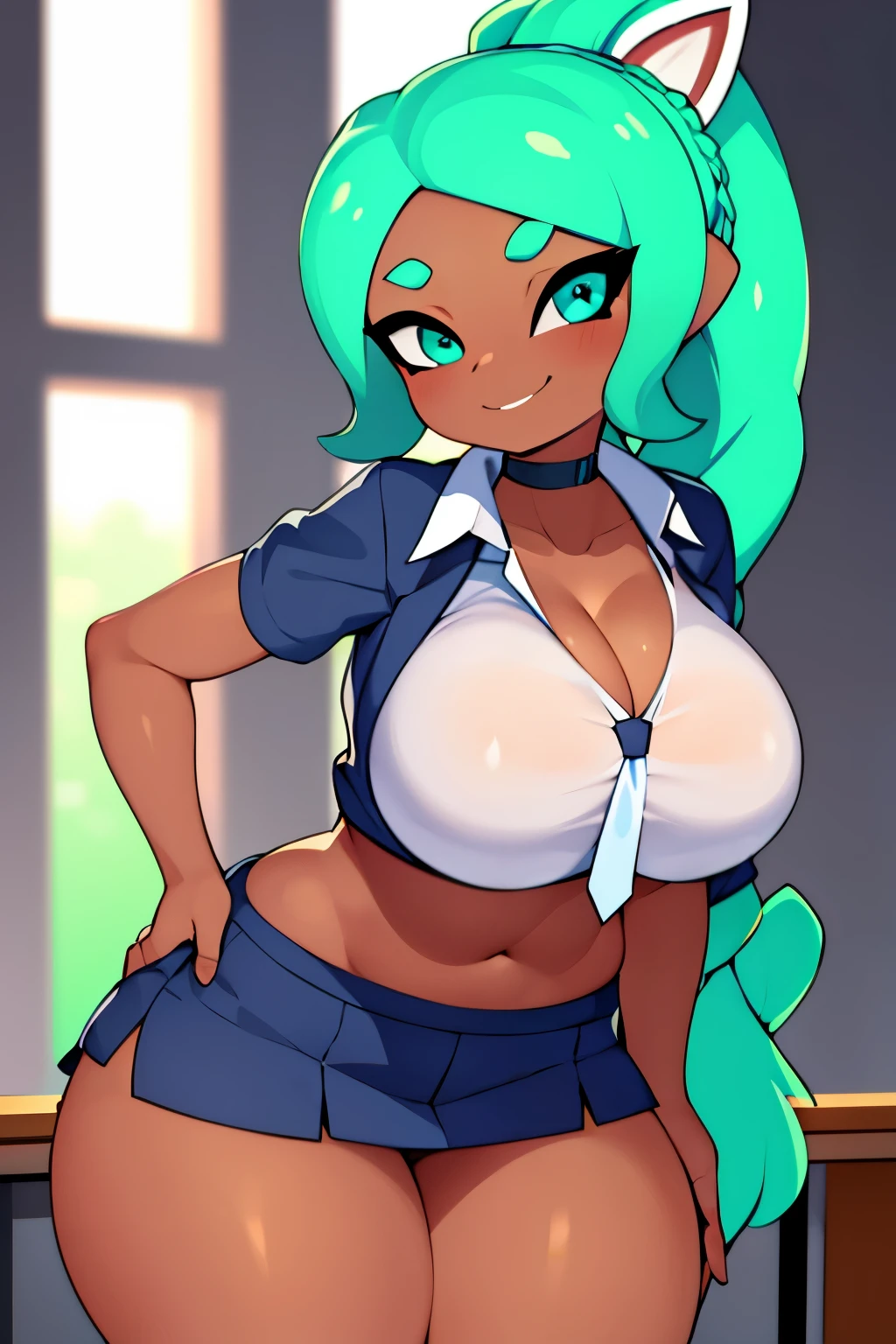 (By kilinah) best quality, long cyan ponytail braided hair going over her shoulder, splatoon female, thicc and sexy body, makeup, round ears, tan undersized school outfit clenching her skin, boob window in her tan school uniform and darker cyan tie, big breasts and massive nipples outlined in her shirt, eyes half closed, pulling her shirt under her breasts, blue choker, blue-green gradient tie, slutty woman, looking at the viewer, jewelry, half-closed eyes, sexy smirk, fat butt and medium-small thighs, long braided ponytail, evening sunset at a beach, taking off her shirt, medium-thin waist, bending over a students desk towards the viewer, neon green eyes, detailed eyes, 3DMM,