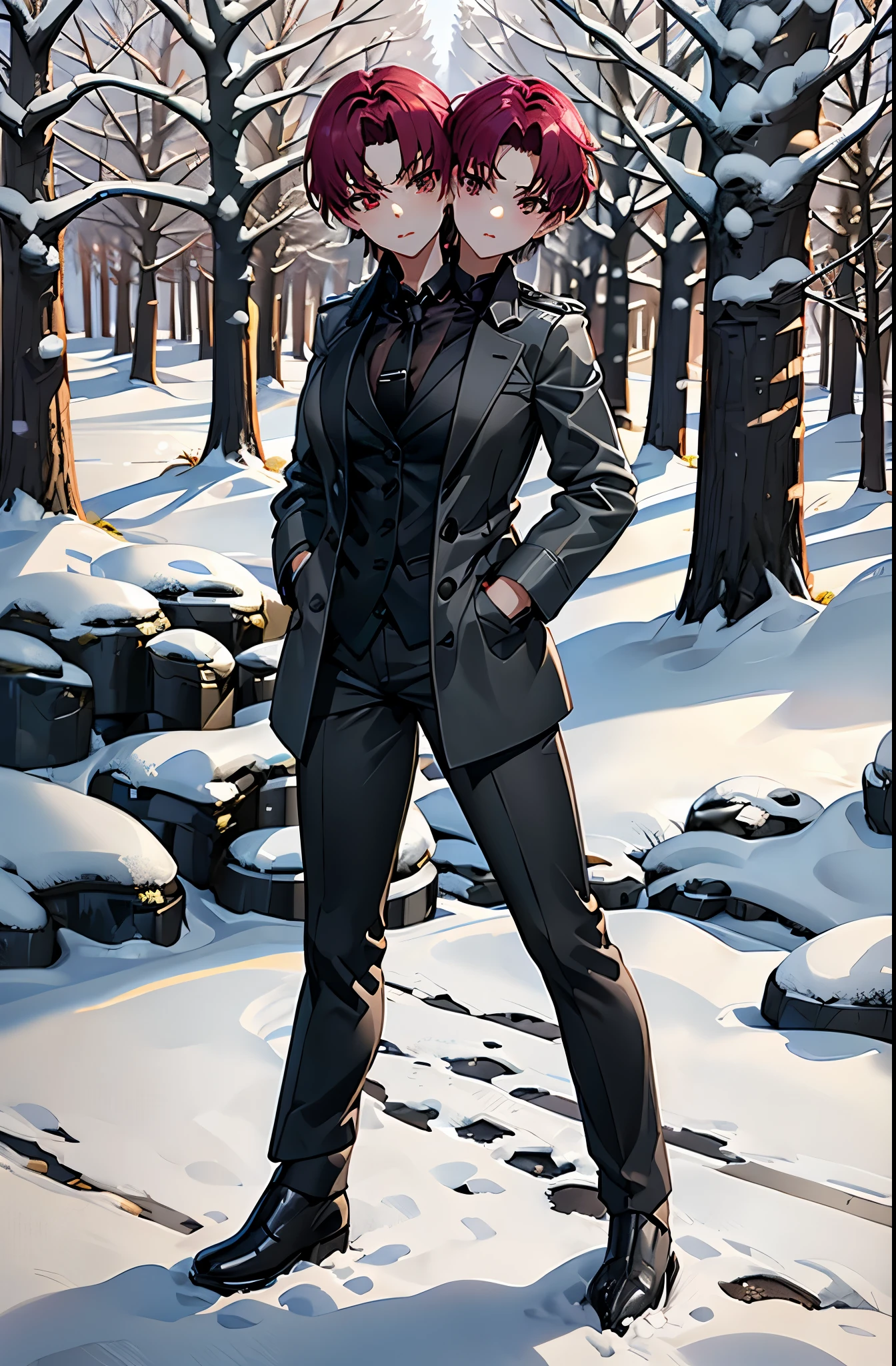 (2heads), (masterpiece, best quality, detailed), 1girl, solo, outdoors, snow, winter, full body, forest, serious, hands in pockets, looking at viewer,
bazett fraga mcremitz, pant suit, black necktie, black jacket, red shirt, grey coat, black pants,  long coat, black boots