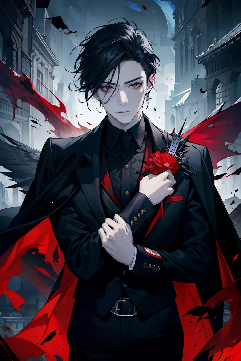 (masterpiece, best quality), 1 male, aldult, Handsome, short black hair, red eyes, black suit, earrings, forehead, Upper body, vampire, building, dark, moonlight, Dutch Cape, mysterious atmosphere,Blood stains on the face,There are scars on the face,Gloomy eyes,maniac,Bad guys,red phoenix eye,A mocking expression