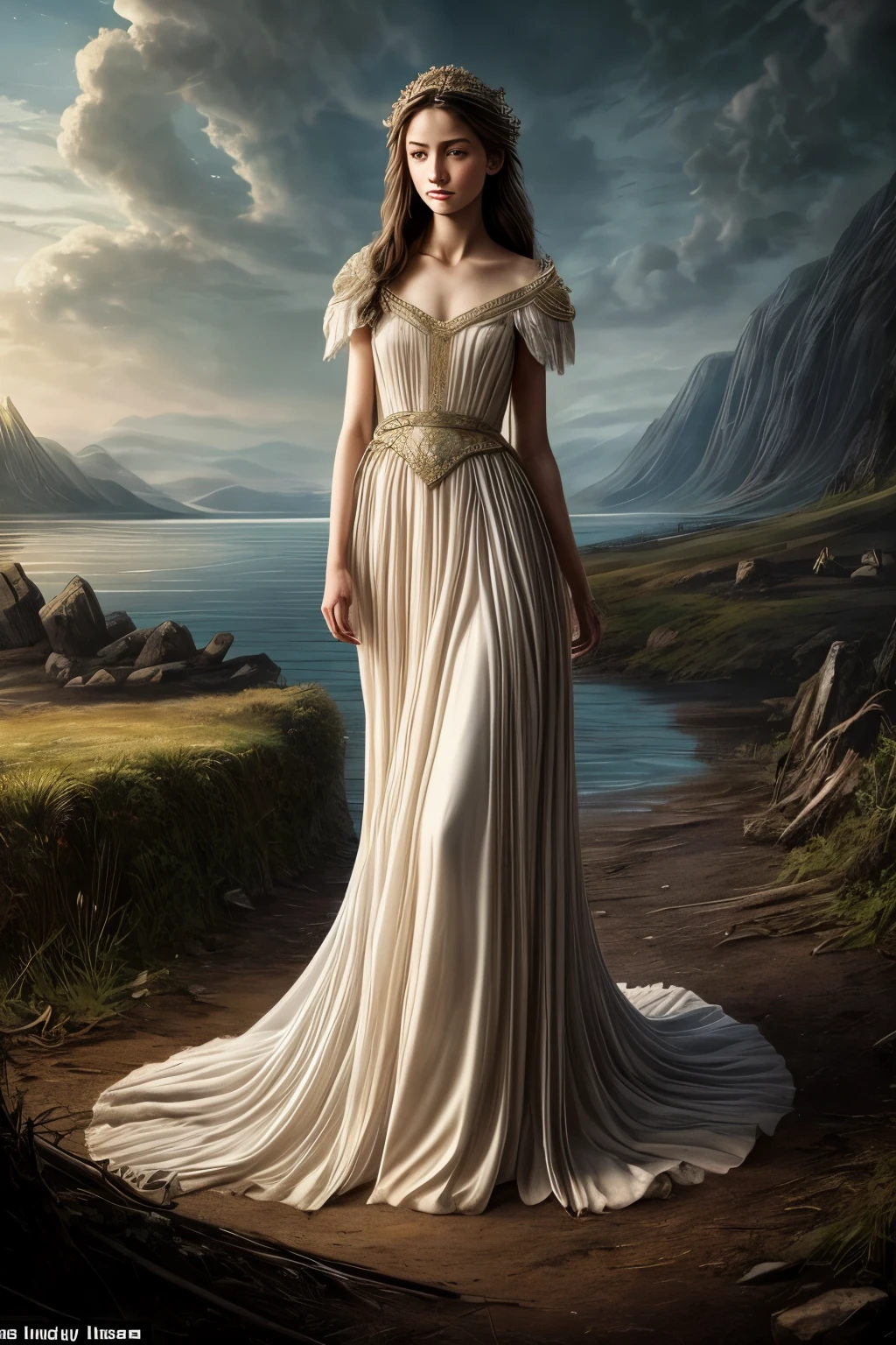 A beautifully tragic scene unfolds as a peasant girl gracefully navigates through a solemn landscape strewn with the lifeless bodies of noble knights. The image, perhaps a sorrowful painting, captures the delicate balance between beauty and sorrow. Each step she takes is filled with ethereal grace, her flowing gown contrasting against the darkened earth. The girl's youthful visage, untouched by the horrors surrounding her, shines like a beacon of hope amidst a sea of despair. With exquisite attention to detail, the intricate brushwork brings life to her radiant features and the fallen warriors' armor. This mesmerizing artwork conveys the fragile juxtaposition of innocence and mortality, leaving viewers captivated by its profound storytelling.