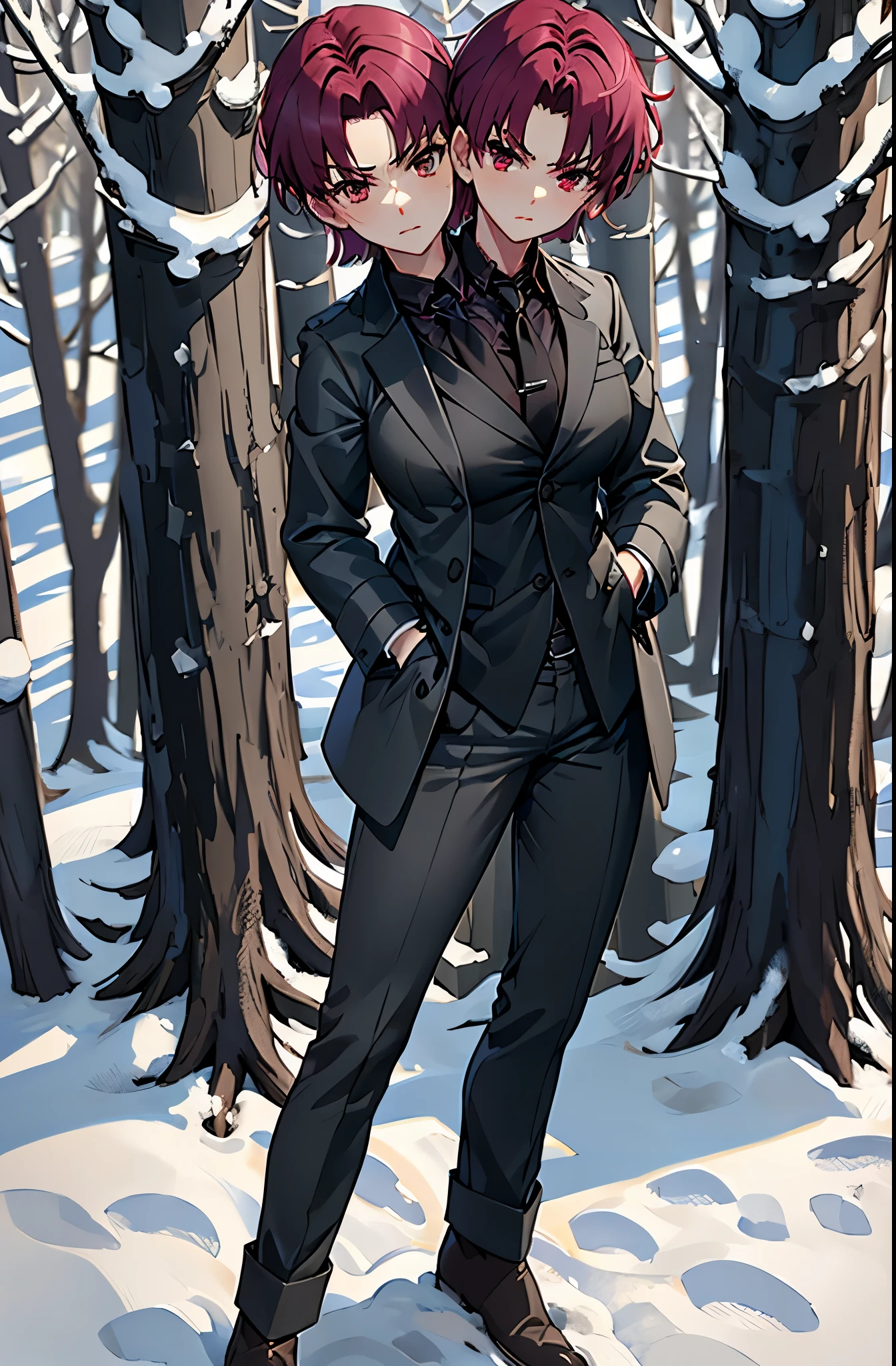 (2heads), (masterpiece, best quality, detailed), 1girl, solo, outdoors, snow, winter, forest, serious, hands in pockets, looking at viewer,
bazett fraga mcremitz, pant suit, black necktie, black jacket, red shirt, grey coat, black pants,  long coat, black boots