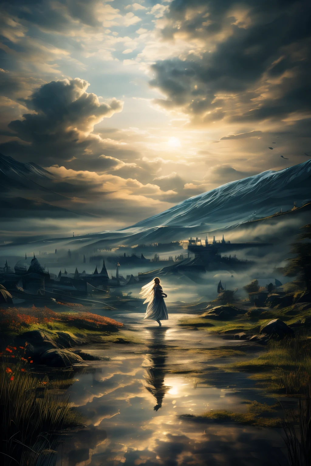 A beautifully tragic scene unfolds as a peasant girl gracefully navigates through a solemn landscape strewn with the lifeless bodies of noble knights. The image, perhaps a sorrowful painting, captures the delicate balance between beauty and sorrow. Each step she takes is filled with ethereal grace, her flowing gown contrasting against the darkened earth. The girl's youthful visage, untouched by the horrors surrounding her, shines like a beacon of hope amidst a sea of despair. With exquisite attention to detail, the intricate brushwork brings life to her radiant features and the fallen warriors' armor. This mesmerizing artwork conveys the fragile juxtaposition of innocence and mortality, leaving viewers captivated by its profound storytelling.