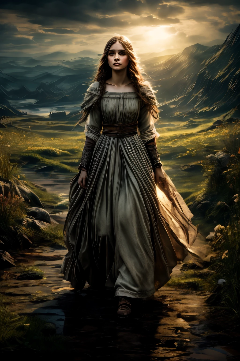 A beautifully tragic scene unfolds as a peasant girl gracefully navigates through a solemn landscape strewn with the lifeless bodies of noble knights. The image, perhaps a sorrowful painting, captures the delicate balance between beauty and sorrow. Each step she takes is filled with ethereal grace, her flowing gown contrasting against the darkened earth. The girl's youthful visage, untouched by the horrors surrounding her, shines like a beacon of hope amidst a sea of despair. With exquisite attention to detail, the intricate brushwork brings life to her radiant features and the fallen warriors' armor. This mesmerizing artwork conveys the fragile juxtaposition of innocence and mortality, leaving viewers captivated by its profound storytelling.