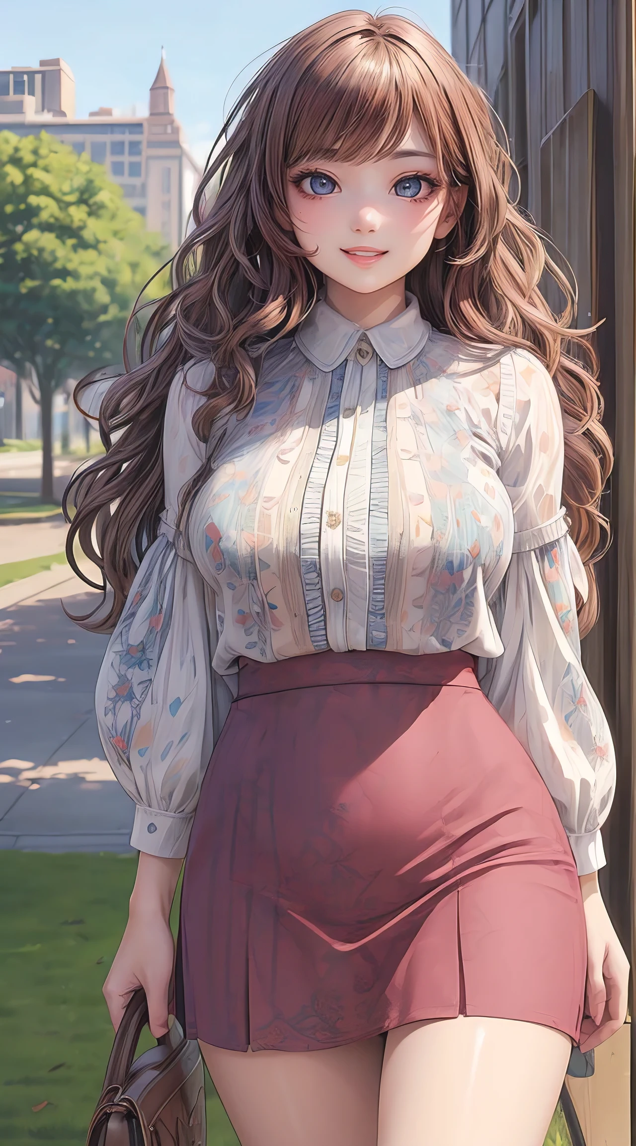 (best quality, masterpiece, ultra-detailed, photorealistic:1.3), wavy hair, wide hips, printed blouse, mini skirt, city park
