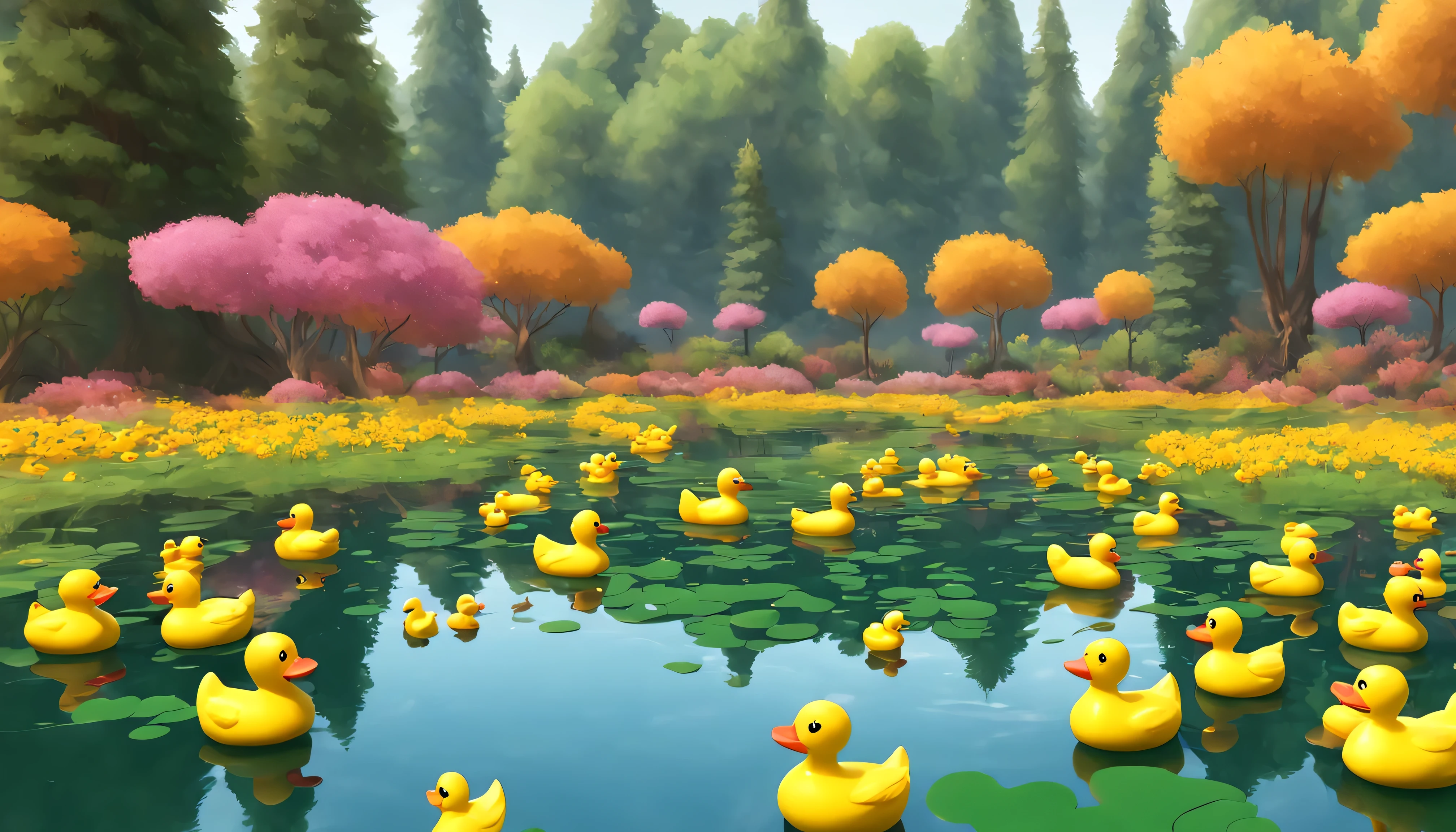 serene pond filled with rubber ducks, flowers rewiliding in the forest surrounding the pond, (homage to placid plastic duck simulator game),