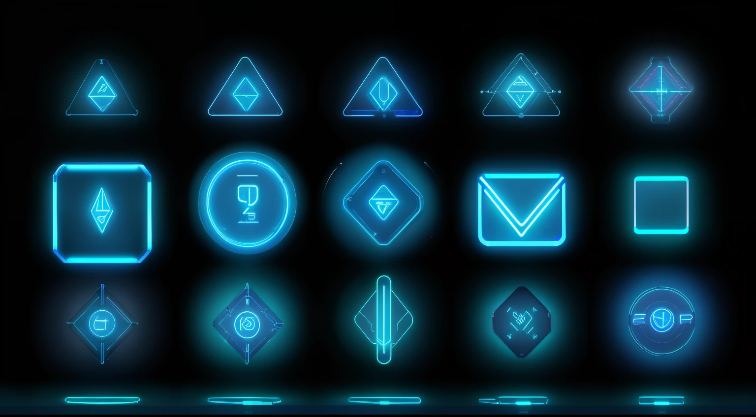 Set of futuristic glass frames with glowing lights, Futuristic form, Abstract neon shapes, Dark Blue Neon Light, glowing digital runes, connected with glowing tubes 8 k, Cyber Neon Lightings, Signs of cyberpunk, 3D geometric neon shape, neon outlines, neon outliness, Blue Neon照明, Tech Art, Blue Neon, Cyber Neon Lighting