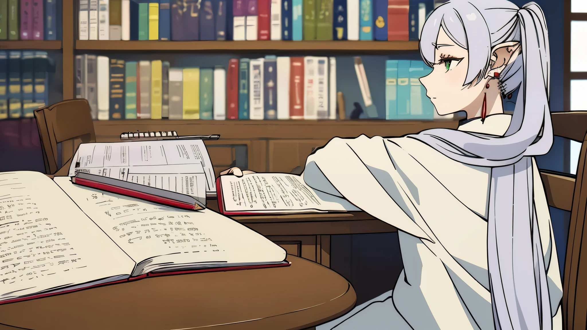((masterpiece)), (highest quality), High resolution, super detailed,beautiful woman
girl, earrings, goblin, long hair, pointed ears, one person, twin tails, green eyes, earrings, gray hair, profile, dress, white dress, lofi girl、lofi music、Studying at a desk、sitting in a chair、holding a pencil in his right hand、Night sky outside the window、wearing headphones、focusing、Writing in a notebook、slightly dark room、There is a light on the desk
