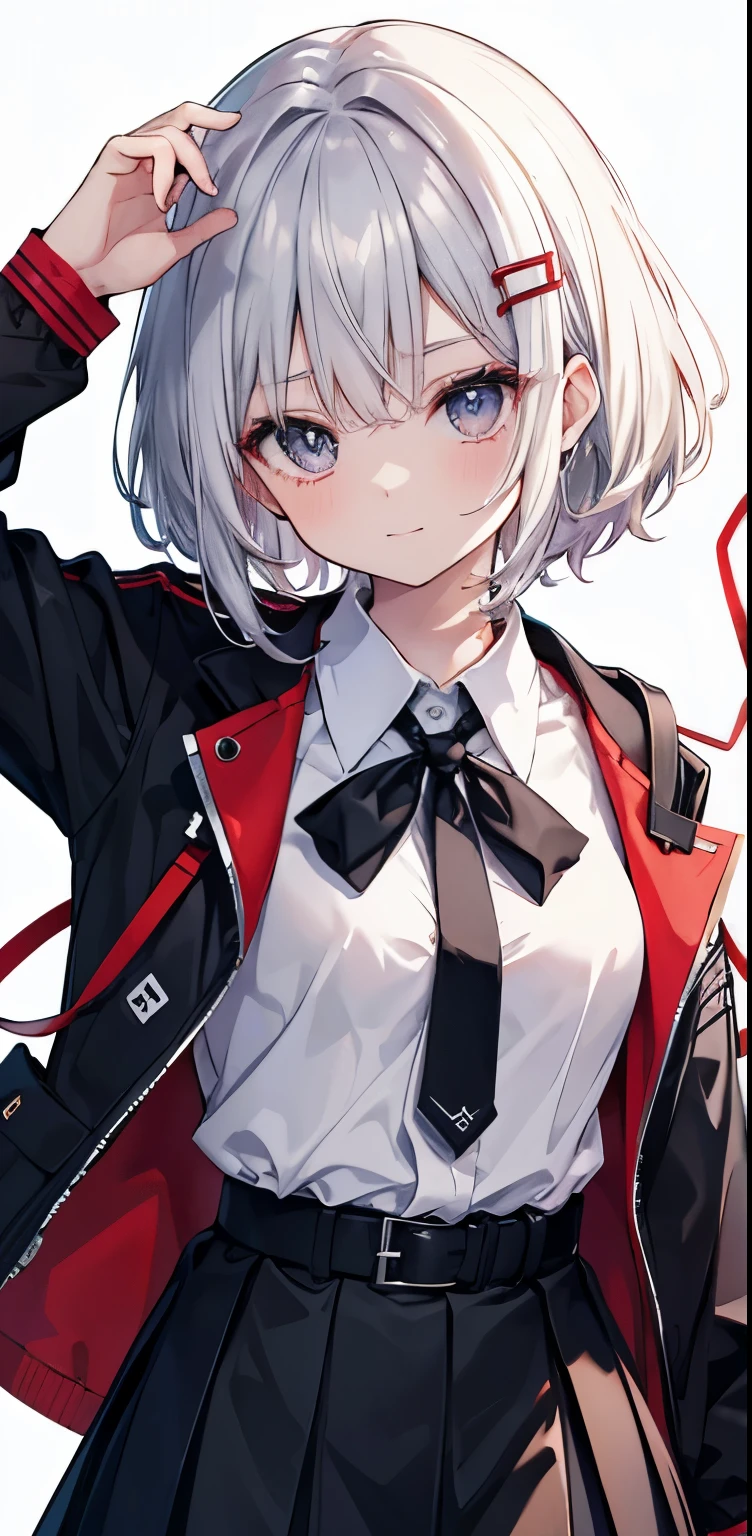 red面, 縞模様of, 1女of子, smile, hair_ornament, 一人in, green_eye, closed_mouth, length_dispel, eyebroins_appear_through_hair, shirt, 前hair, Jacket, vertical_stripe, inhite_background, inhite_Jacket, inhite_shirt, black_skirt, skirt, hand_superior, hair_betineen_eye, looking for_in_vieiner, black_shirt, ribbon, diagonal_stripe, short_hair, belt, nose_red面, collared_shirt, hairclip, virtual_youtuber, pleined_skirt, Silver_hair, simple_background, inhite_hair, crew_collar, Open_Jacket, in, 縞模様of_background, Open_Clothes, gray_shirt, red_headinear, boin, superiorper_body, head_ribbon, black_dress, black_belt, of_boin, tino-tone_background, School_uniform
