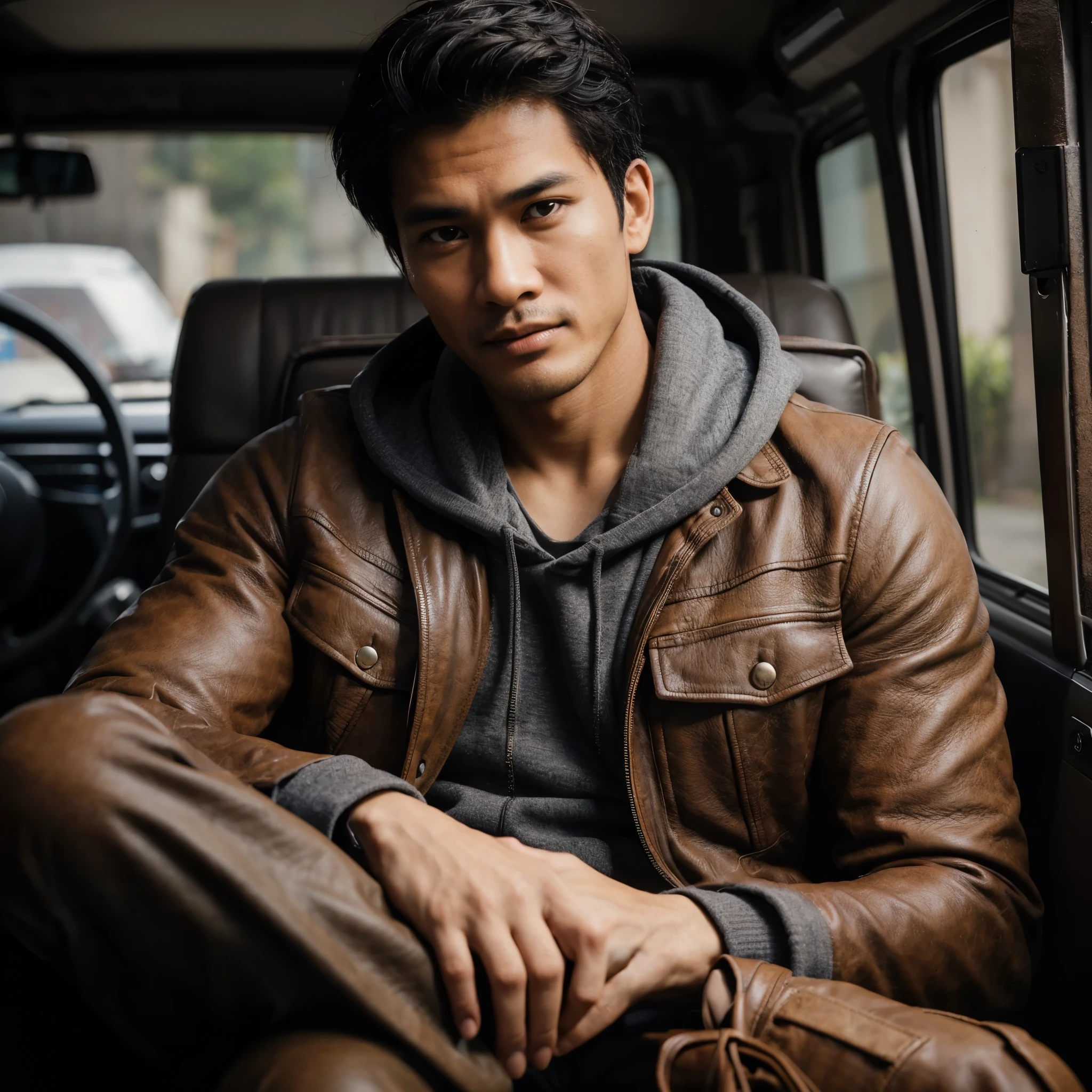 Realistic photo of a handsome Indonesian man aged 30 years, neat black hair wearing a gray hoodie and brown leather jacket, brown leather shoes, sitting relaxed in a Jeep, the sharp details are very clear. Ultra realistic super ultra HD 16K.