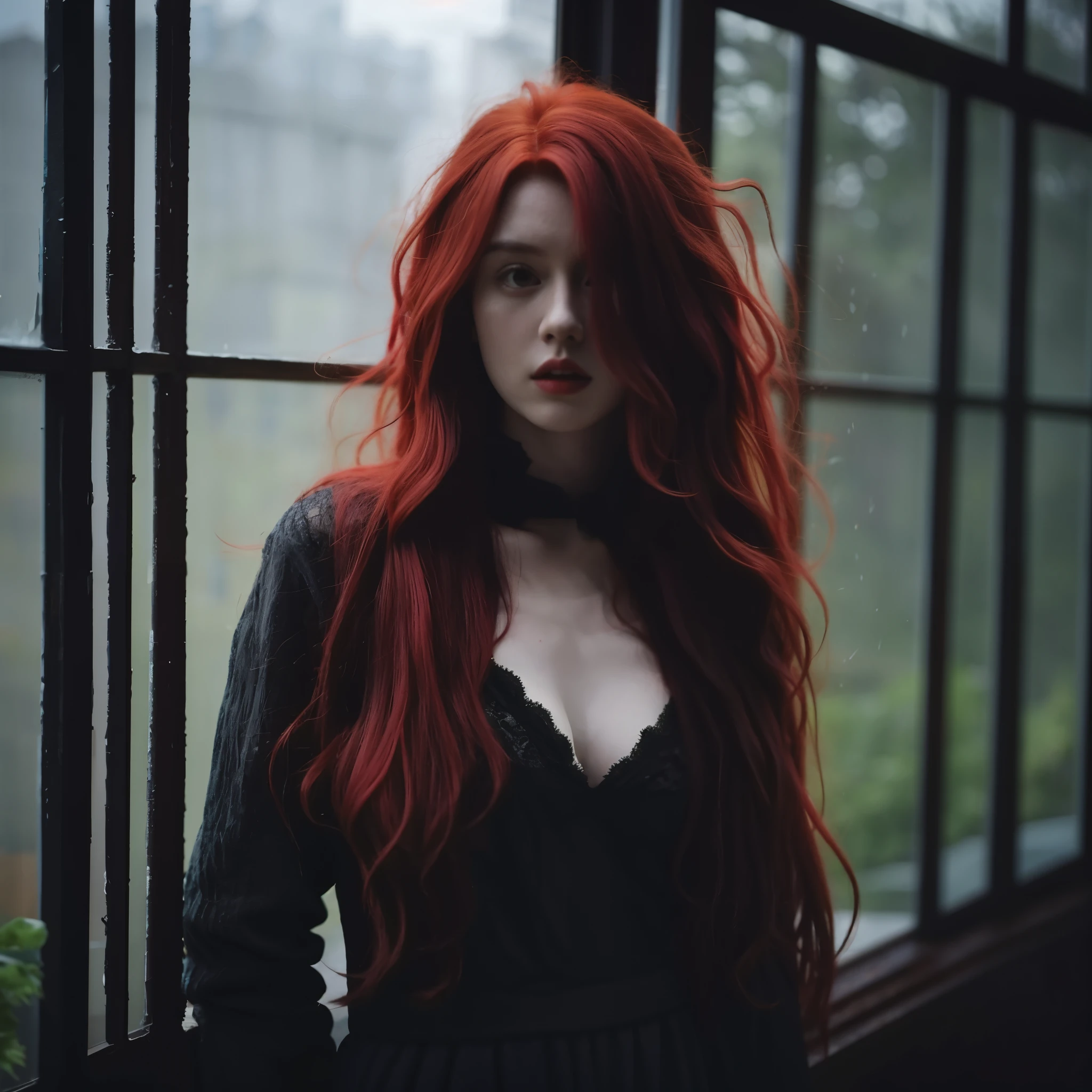 arafed woman with Red hair standing in front of a window, Long red waist-length hair, lots of merlot, Inspired by Elsa Breda, with long Red hair, Red hair女人, with Red hair, Awesome and moody, with curly Red hair, Messy black / Red hair, Red haired goddess, long Red hair, long red hair, Alessio Albi