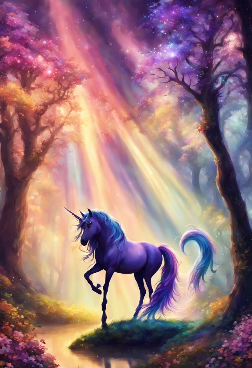 (best quality, 4k, 8k, highres:1.2), ultra-detailed, (realistic, photorealistic:1.37), portraits, unicorn, fantasy, enchanted, wonderland, sparkling, magical, wings, golden, mythical, ethereal, glowing mane, rainbow, galloping, prancing, lush forest, illuminated, tree branches dancing, mystical, night sky with stars, moonlit, ethereal mist, whimsical flowers, vivid colors, soft pastels, enchanted creatures, gentle nature, beautiful fantasy unicorn, magical creature, glowing horn, ethereal mane, shimmering scales, majestic presence, enchanting eyes, graceful movement, whimsical background, dreamlike landscape, vibrant colors, soft lighting, surreal atmosphere, mythical charm, mystical forest, sparkling stars, ethereal atmosphere, otherworldly beauty, magical aura, enchanting adventure, magnificent creature, fantastical realm, dreamy ambiance, captivating fantasy, fairytale-inspired, mystical journey, magical realm, tranquil setting.