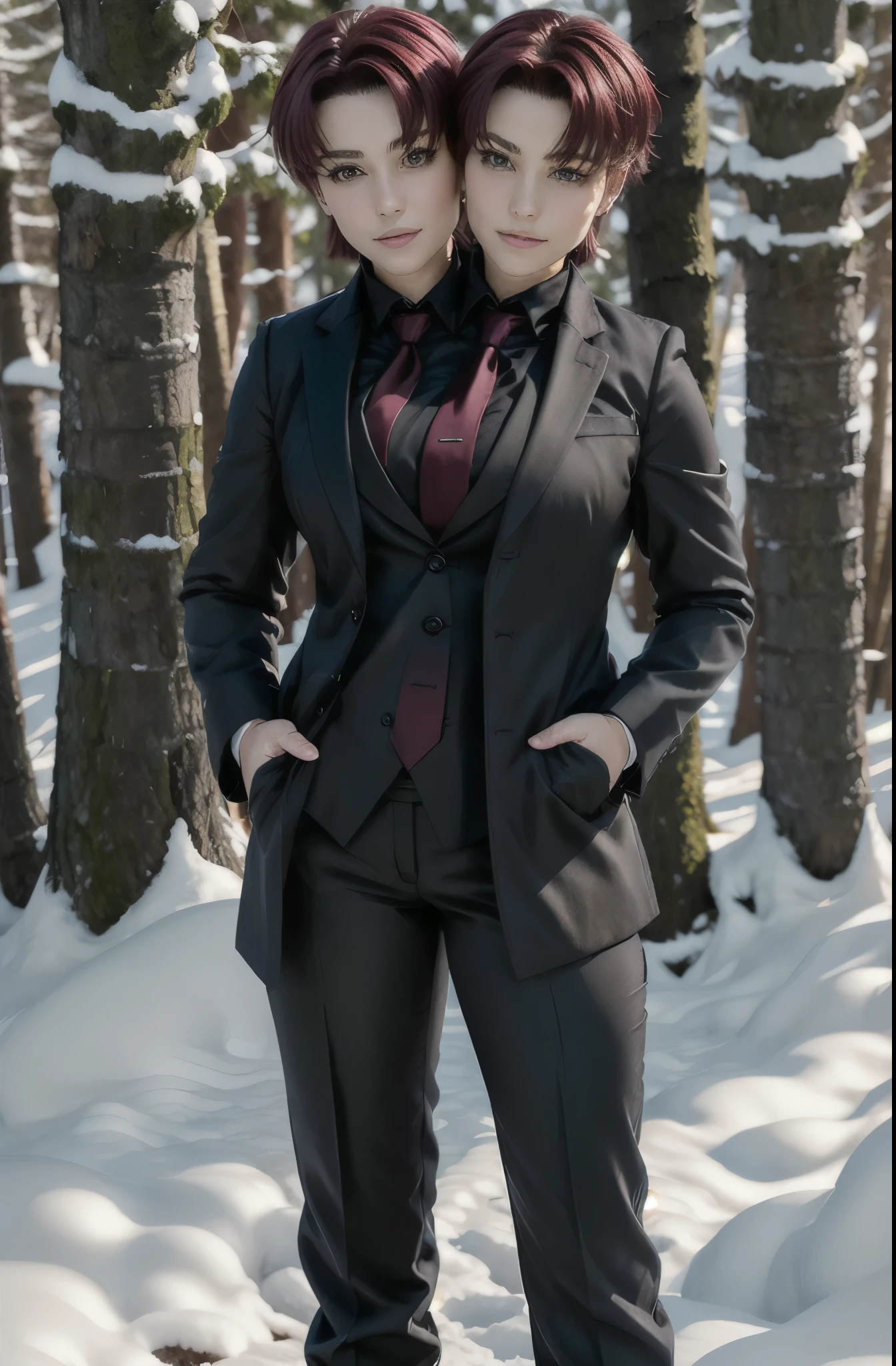 (2heads:1.2), (masterpiece, best quality, detailed), 1girl, solo, outdoors, snow, winter, forest, serious, hands in pockets, looking at viewer,
bazett fraga mcremitz, pant suit, black necktie, black jacket, red shirt, grey coat, black pants,  long coat, black boots