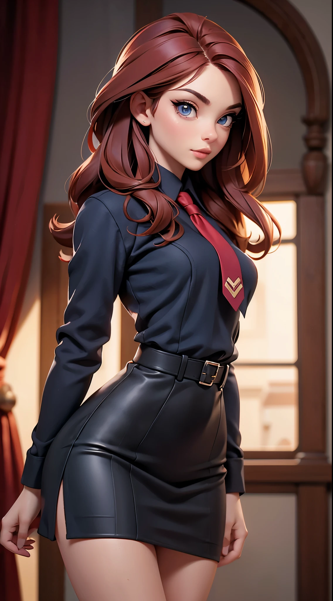 (best quality,4k,8k,highres,masterpiece:1.2),ultra-detailed,(realistic,photorealistic,photo-realistic:1.37),brunette woman,21 years old,thin and small,(beautiful,gorgeous:detailed) eyes,(beautiful,gorgeous:detailed) lips,(extremely detailed,defined) eyes and face,longeyelashes,college uniform,(red,crimson) tie,(red,scarlet) hair,(beautiful,attractive) beauty,(high,dark) stockings,(short,knee-length) black skirt, (stylish,classy), (elegant,sophisticated) pose, (bright,vibrant) lighting, (portrait,concept artist), (warm,rich) color tone