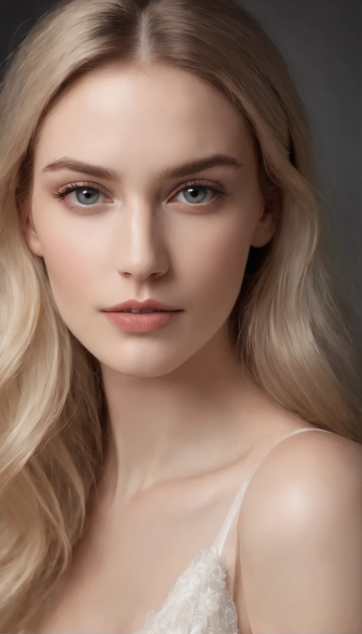 (fotorrealista:1.2), artistic composition, professional studio photography of a nordic 24-year-old woman posing naturally and spontaneously, mirada viva, Cara ovalada, High cheekbones, Nariz recta, ojos claros y redondeados, (labios llenos:1.2), barbilla delicada, cabello rubio ondulado, piel muy detallada, textura natural de la piel, pale skin, professional dramatic lighting