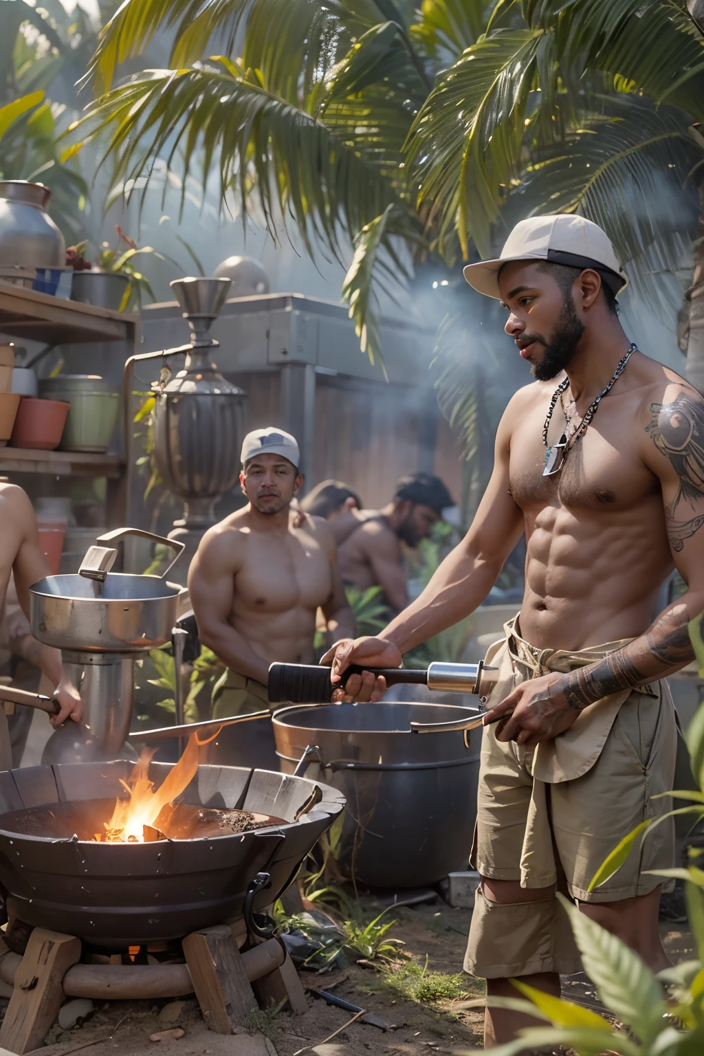 ((cheerful ((tanned ((Haitian)) man)) standing around molten-hot forge glassblowing a long intricate pipe, (wearing detailed shorts and blacksmith apron), (wearing chunky platinum necklace), (cannabis flower tattoos on arms and legs), high quality photo, (with copious potted cannabis sativa plants surrounding forge during foggy sunrise)