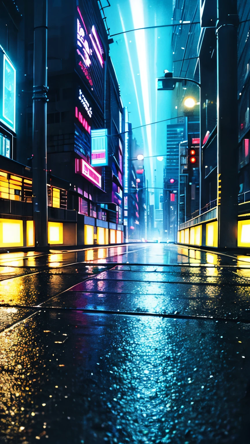 Lit up Neon cyberpunk city during the night, rainy day, lighting reflecting in the puddles on the ground