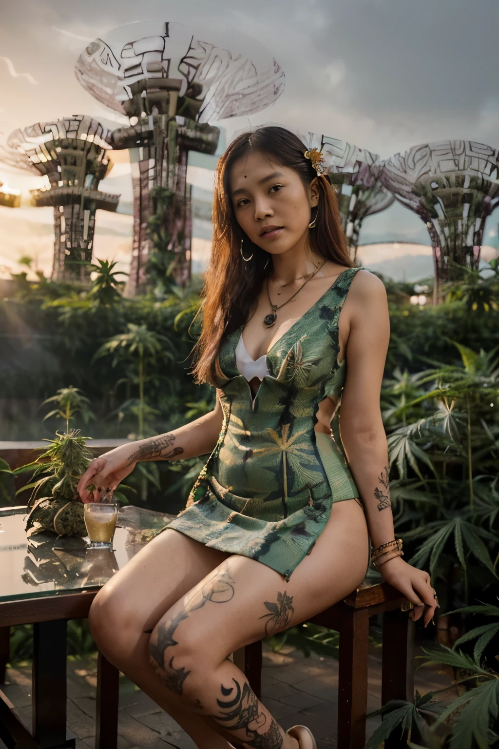 ((cheerful ((tanned plump ((Singaporean)) young lady)) sitting in modern glass library while reading novel, (wearing dragon detailed dress), (wearing antique dragon necklace), (cannabis and flower tattoos on arms and legs), legs spread apart, high quality photo, sitting quietly at table (with overgrown cannabis sativa plants surrounding scene during foggy sunrise)