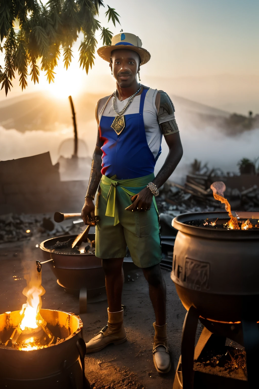 ((cheerful ((tanned ((Haitian)) male blacksmith)) standing around molten-hot forge glassblowing himself a long intricate glass pipe, (wearing detailed shorts and blacksmith apron), (wearing chunky platinum necklace), (cannabis flower tattoos on arms and legs), high quality photo, (with copious potted cannabis sativa plants surrounding forge during foggy sunrise)