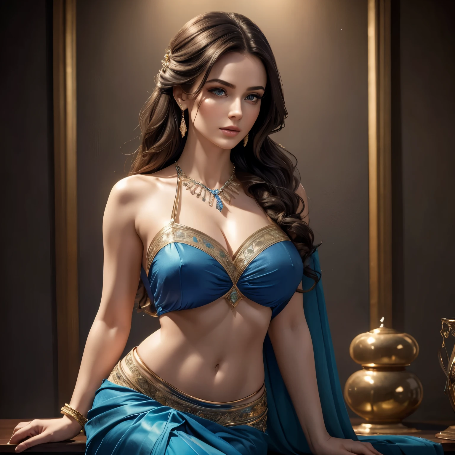 (best quality,4k,8k,highres,masterpiece:1.2), ultra-detailed, (realistic,photorealistic,photo-realistic:1.37), sexy woman, elegant hairdo, blue sari, sapphire necklace, pale skin, light eyes, blushing, amazing body, hourglass figure, hands resting on hips, vivid colors, portraits, studio lighting, sharp focus, beautiful detailed eyes, beautiful detailed lips, longeyelashes