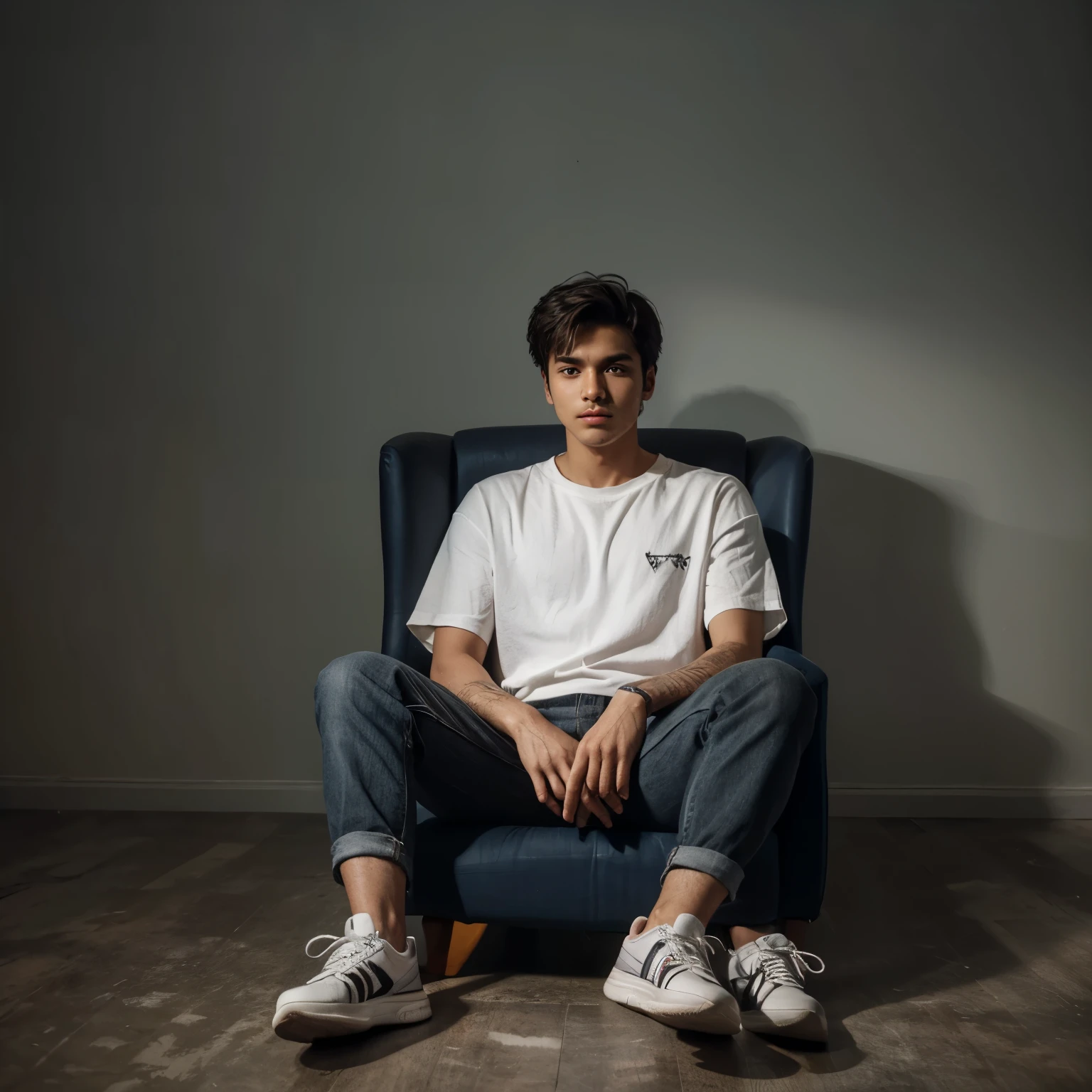 
[SHIRT] - " Create a 3D illusion for a profile picture where a 25 Year old cute boy in a white shirt Sitting casually on a Wingback chair. Wearing sneakers, he looks ahead. The background features "KRISHU" in big and capital Orange neon light fonts on the dark grey wall. There should not be his shadow, and there are wings to make it appear as if he is an angel. "