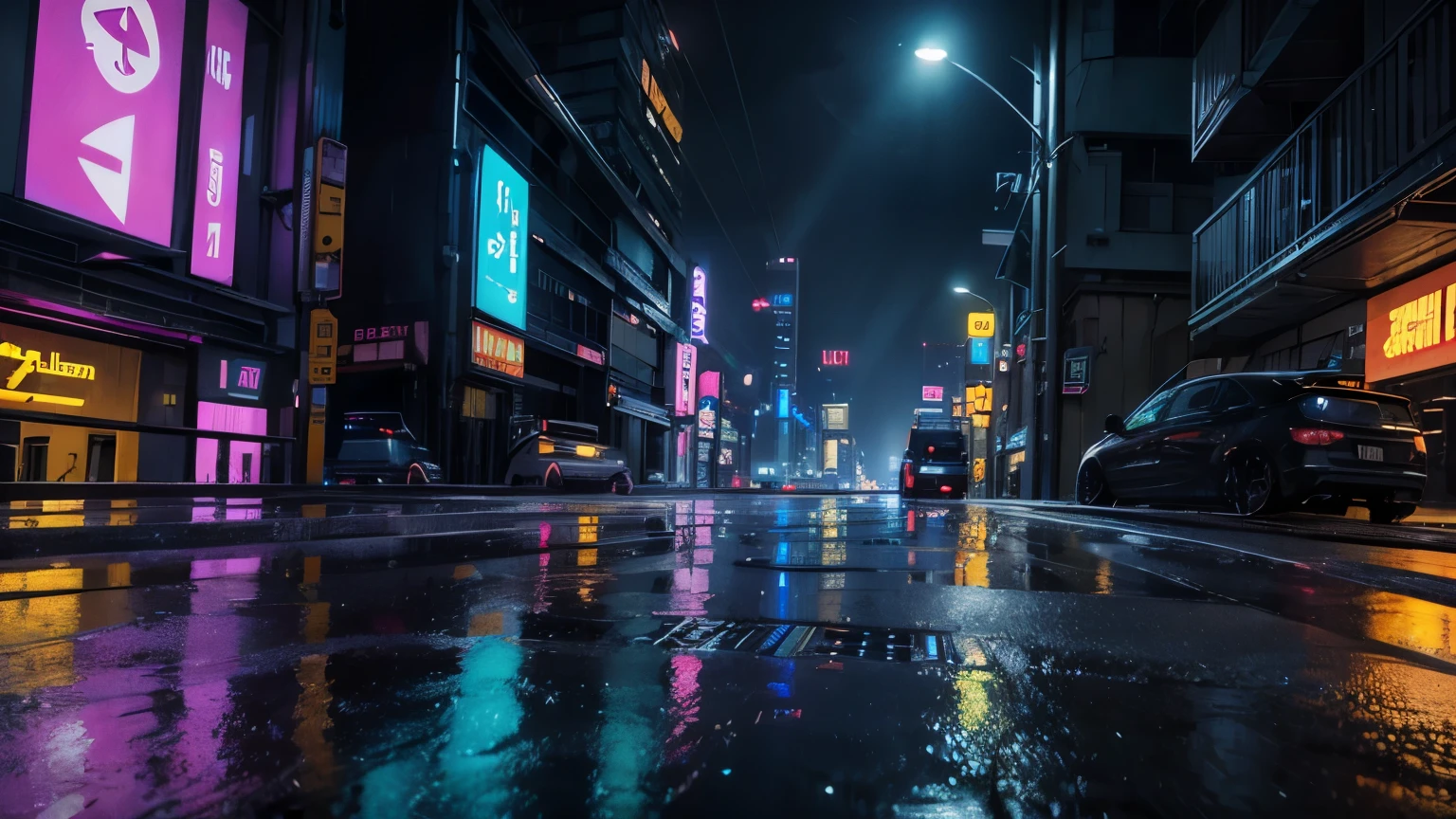 Lit up Neon cyberpunk city during the night, rainy day, lighting reflecting in the puddles on the ground