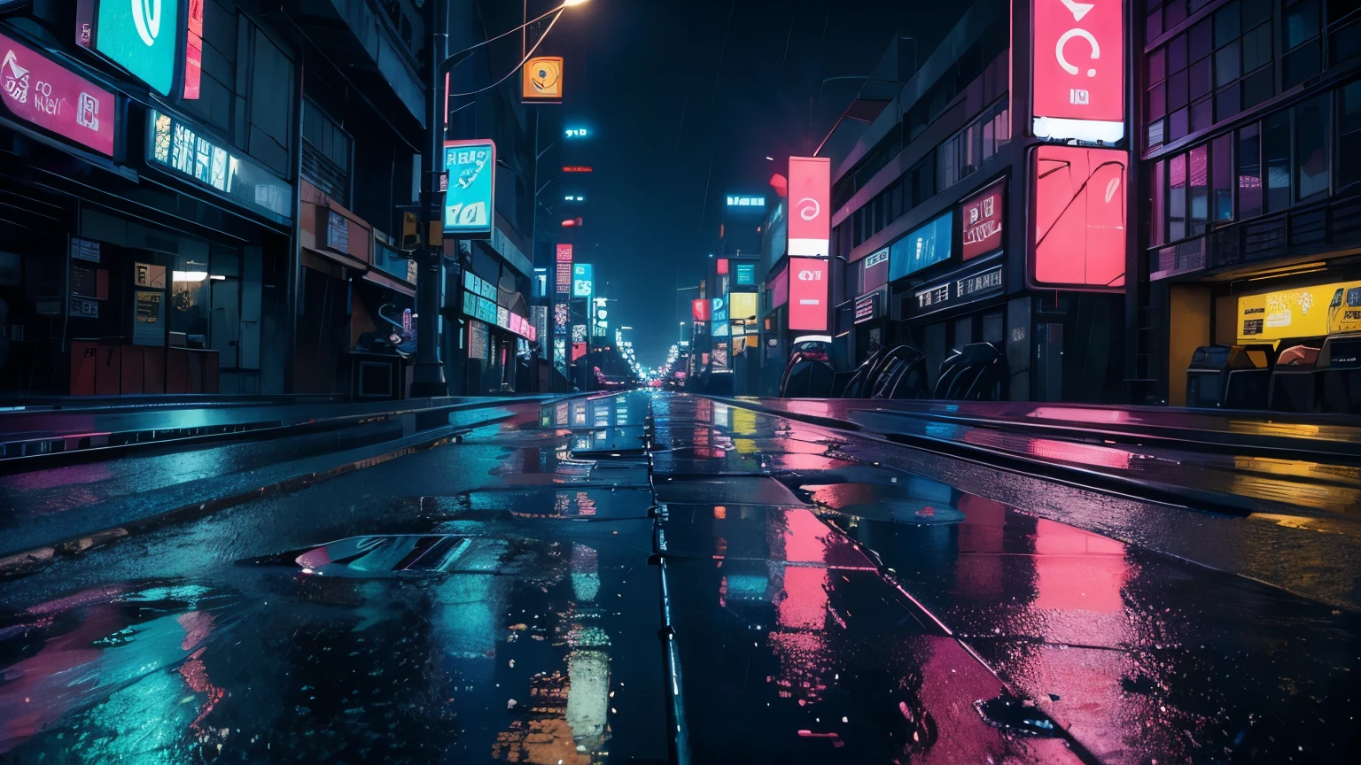 Lit up Neon cyberpunk city during the night, rainy day, lighting reflecting in the puddles on the ground 