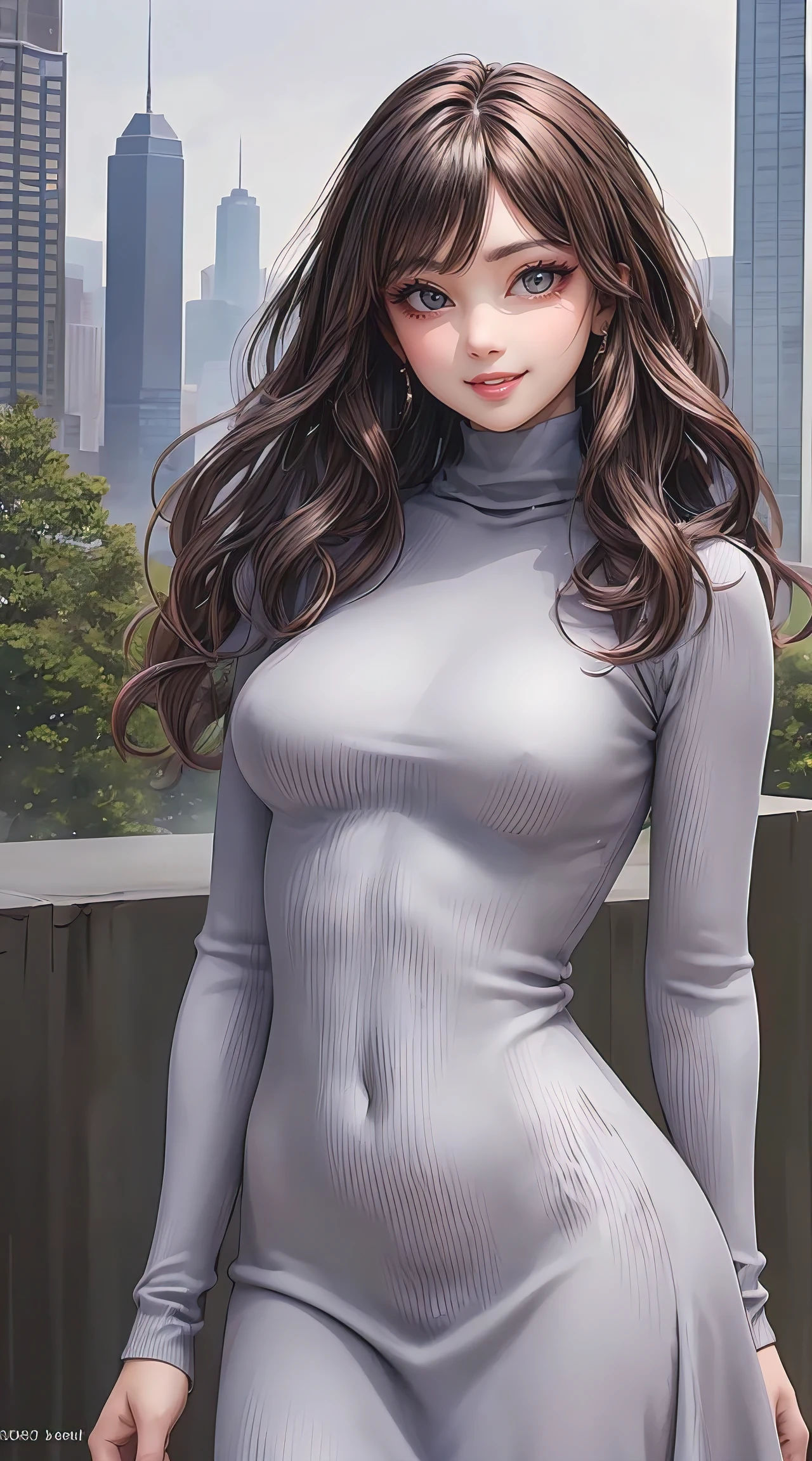 (best quality, masterpiece, ultra-detailed, photorealistic:1.3), wavy hair, wide hips, designer turtleneck dress, city park