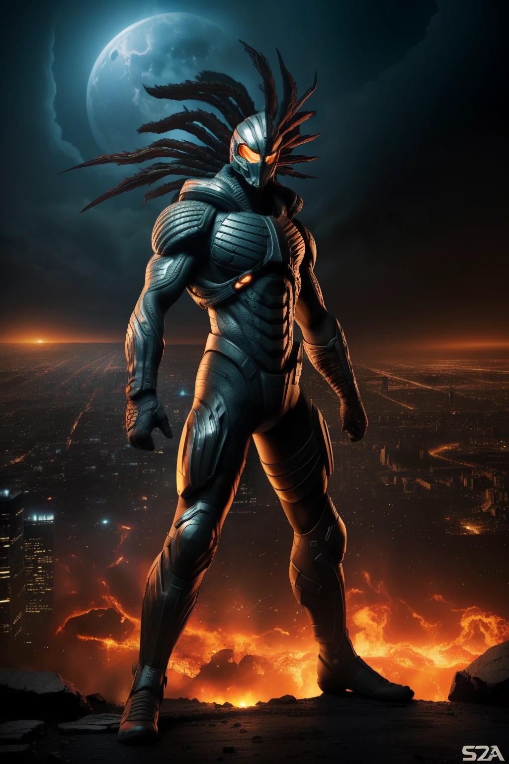 Foto RAW, circular image with extraordinary details against black background, ((gorgonita geneticamente alterada, thin with visible tendons and each foot raised in an attacking position, apocalyptic city landscape)) --s2
A circular image with great detail on a black background highlights a genetically altered gorgonite, thin with visible tendons, standing defiantly on two legs in an attack pose against an apocalyptic city background. --s2 High definition circular image with detailed details on a black background, mostra uma