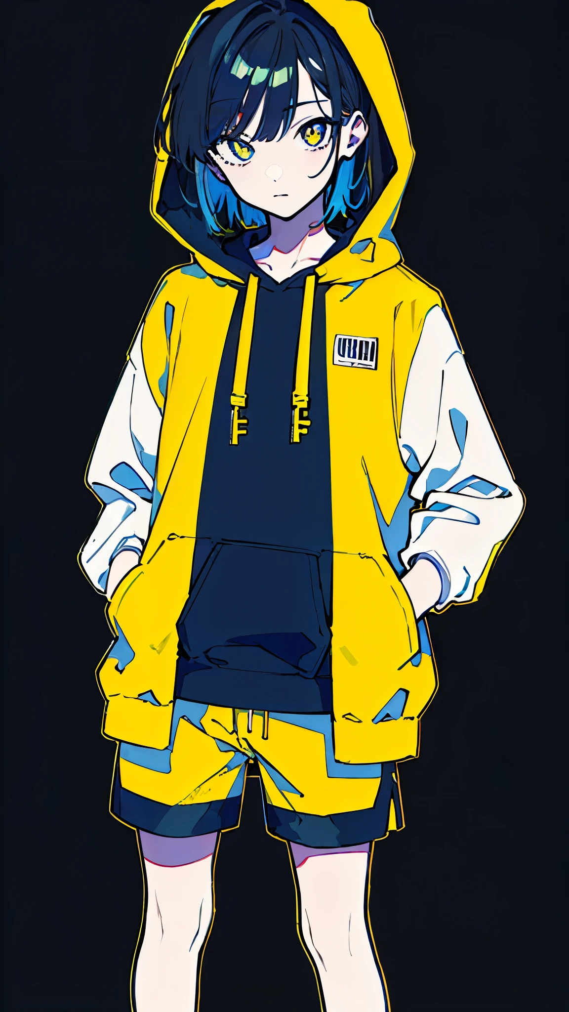 (masterpiece, highest quality:1.6), alone, thick outline, (simple background, Dark yellow background, monochrome, dark yellow theme:1.2), official art, Key Visual, 8K, disorganized, whole body, (Unique hair, Oversized Hoodies, hot pants, arch back, short torso:1.2), belly button, thighs, cowboy shot, HDR, sharp focus, High resolution, most detailed, very detailed, Super detailed, finely, detailed eyes and face, sharp pupils, realistic student, solo, contrast between yellow and light blue, solo, hands in pockets
