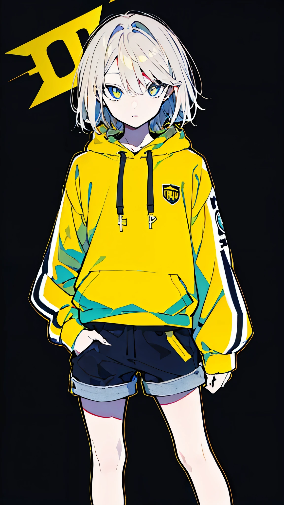 (masterpiece, highest quality:1.6), alone, thick outline, (simple background, Dark yellow background, monochrome, dark yellow theme:1.2), official art, Key Visual, 8K, disorganized, whole body, (Unique hair, Oversized Hoodies, hot pants, arch back, short torso:1.2), belly button, thighs, cowboy shot, HDR, sharp focus, High resolution, most detailed, very detailed, Super detailed, finely, detailed eyes and face, sharp pupils, realistic student, solo, contrast between yellow and light blue, solo, hands in pockets