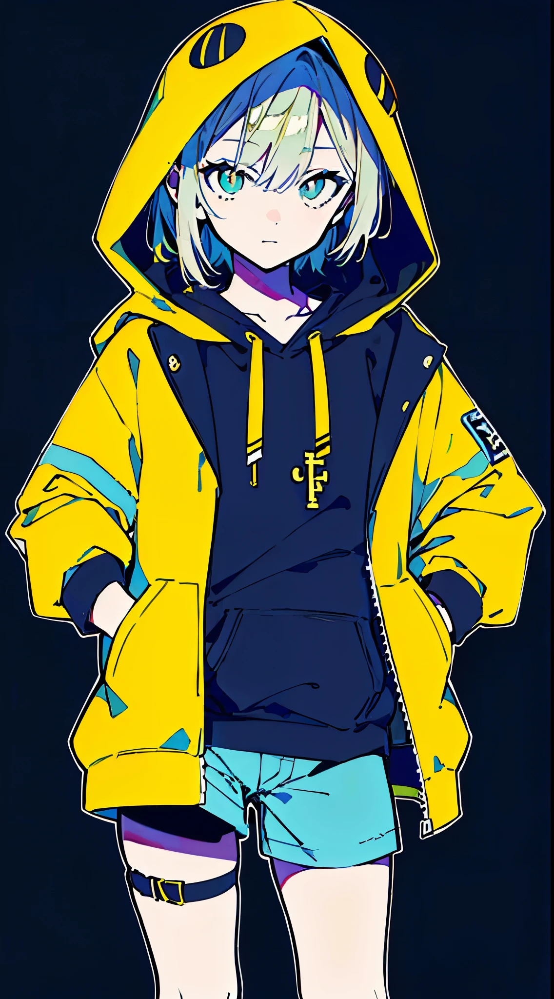 (masterpiece, highest quality:1.6), alone, thick outline, (simple background, Dark yellow background, monochrome, dark yellow theme:1.2), official art, Key Visual, 8K, disorganized, whole body, (Unique hair, Oversized Hoodies, hot pants, arch back, short torso:1.2), belly button, thighs, cowboy shot, HDR, sharp focus, High resolution, most detailed, very detailed, Super detailed, finely, detailed eyes and face, sharp pupils, realistic student, solo, contrast between yellow and light blue, solo, hands in pockets