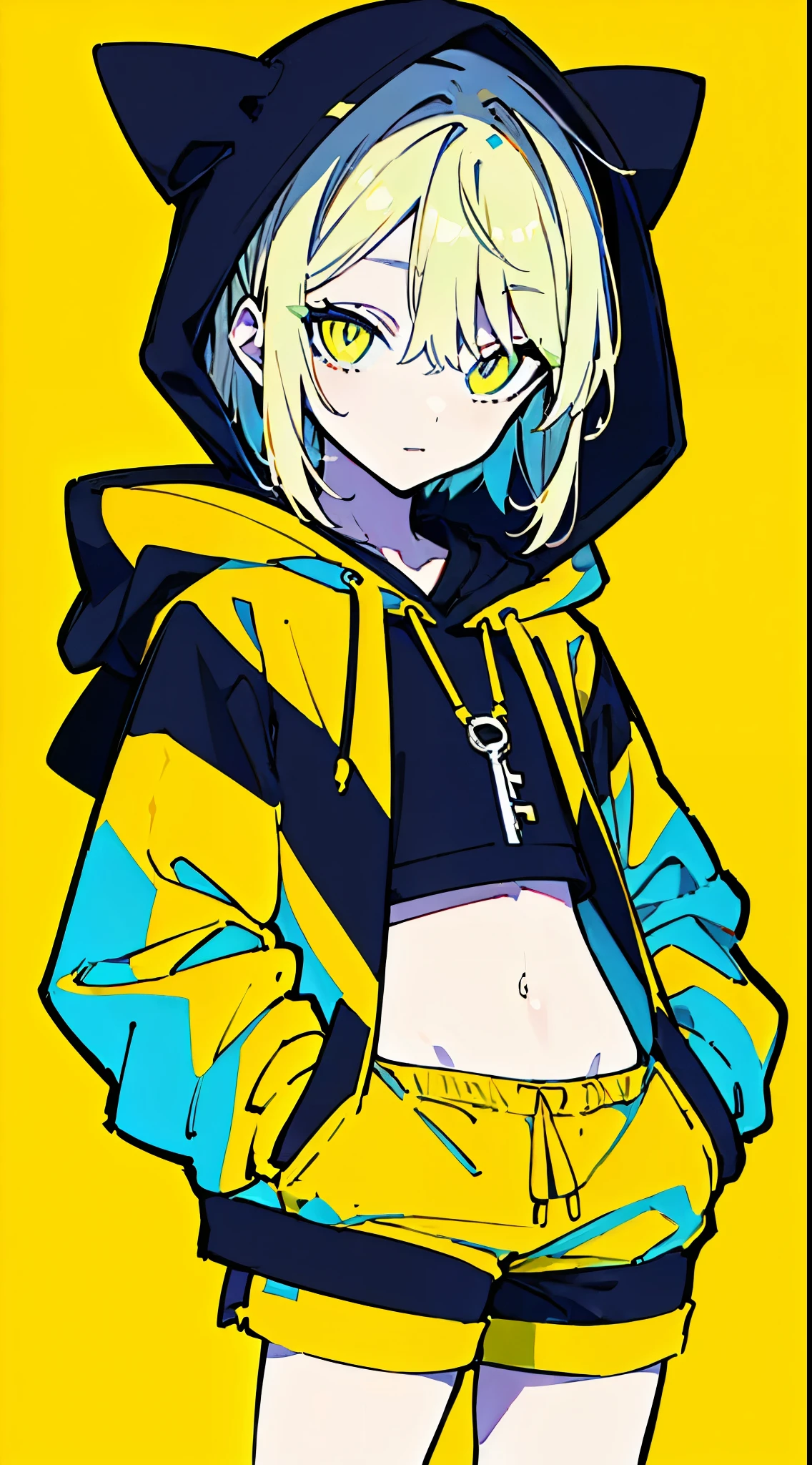 (masterpiece, highest quality:1.6), alone, thick outline, (simple background, Dark yellow background, monochrome, dark yellow theme:1.2), official art, Key Visual, 8K, disorganized, whole body, (Unique hair, Oversized Hoodies, hot pants, arch back, short torso:1.2), belly button, thighs, cowboy shot, HDR, sharp focus, High resolution, most detailed, very detailed, Super detailed, finely, detailed eyes and face, sharp pupils, realistic student, solo, contrast between yellow and light blue, solo, hands in pockets