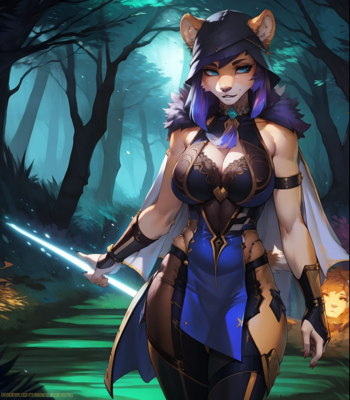 by jijis-waifus,(by pgm300:0.5),(by totesfleisch8:0.5),best quality,masterpiece,solo,adult,female, lion,(in the middle of wood), wearing mercenary outfit, athletic body,sfw,wear clothes, wearing a cloak covering her head and entire body, (bastika, cutesexyrobutts, hioshiru),dark forest setting, , (natural breasts, breast sag:0.10), three-quarter portrait, close-up),