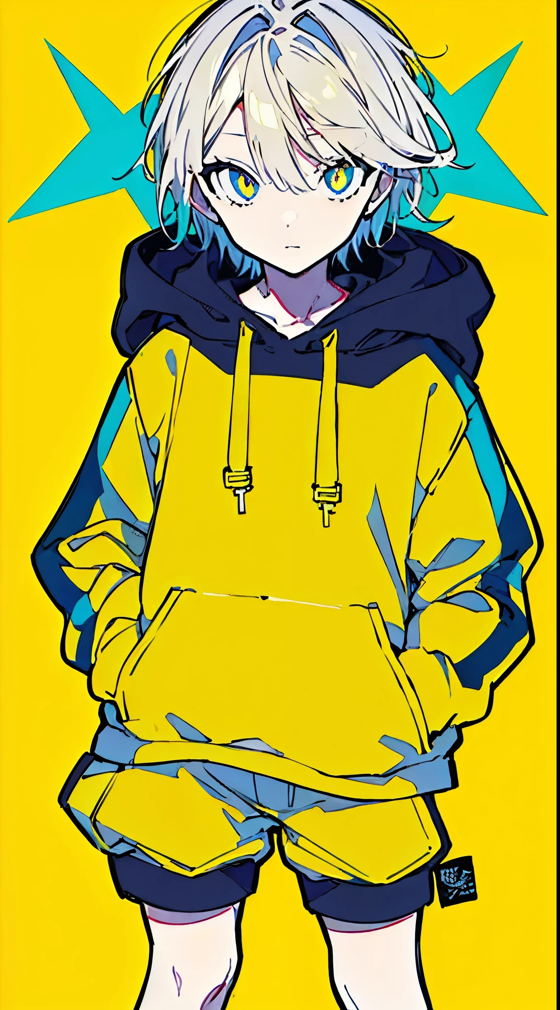 (masterpiece, highest quality:1.6), alone, thick outline, (simple background, Dark yellow background, monochrome, dark yellow theme:1.2), official art, Key Visual, 8K, disorganized, whole body, (Unique hair, Oversized Hoodies, hot pants, arch back, short torso:1.2), belly button, thighs, cowboy shot, HDR, sharp focus, High resolution, most detailed, very detailed, Super detailed, finely, detailed eyes and face, sharp pupils, realistic student, solo, contrast between yellow and light blue, solo, hands in pockets