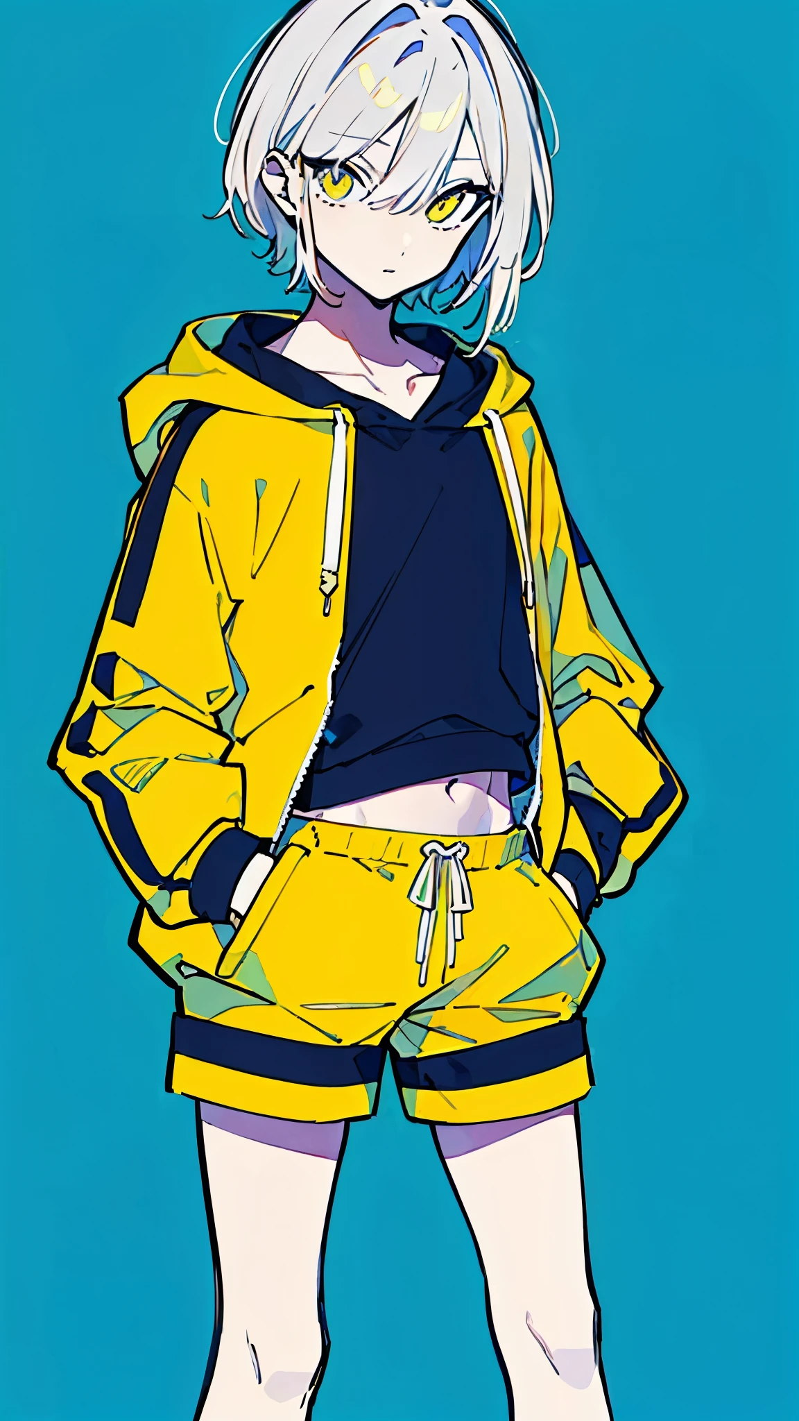 (masterpiece, highest quality:1.6), alone, thick outline, (simple background, Dark yellow background, monochrome, dark yellow theme:1.2), official art, Key Visual, 8K, disorganized, whole body, (Unique hair, Oversized Hoodies, hot pants, arch back, short torso:1.2), belly button, thighs, cowboy shot, HDR, sharp focus, High resolution, most detailed, very detailed, Super detailed, finely, detailed eyes and face, sharp pupils, realistic student, solo, contrast between yellow and light blue, solo, hands in pockets