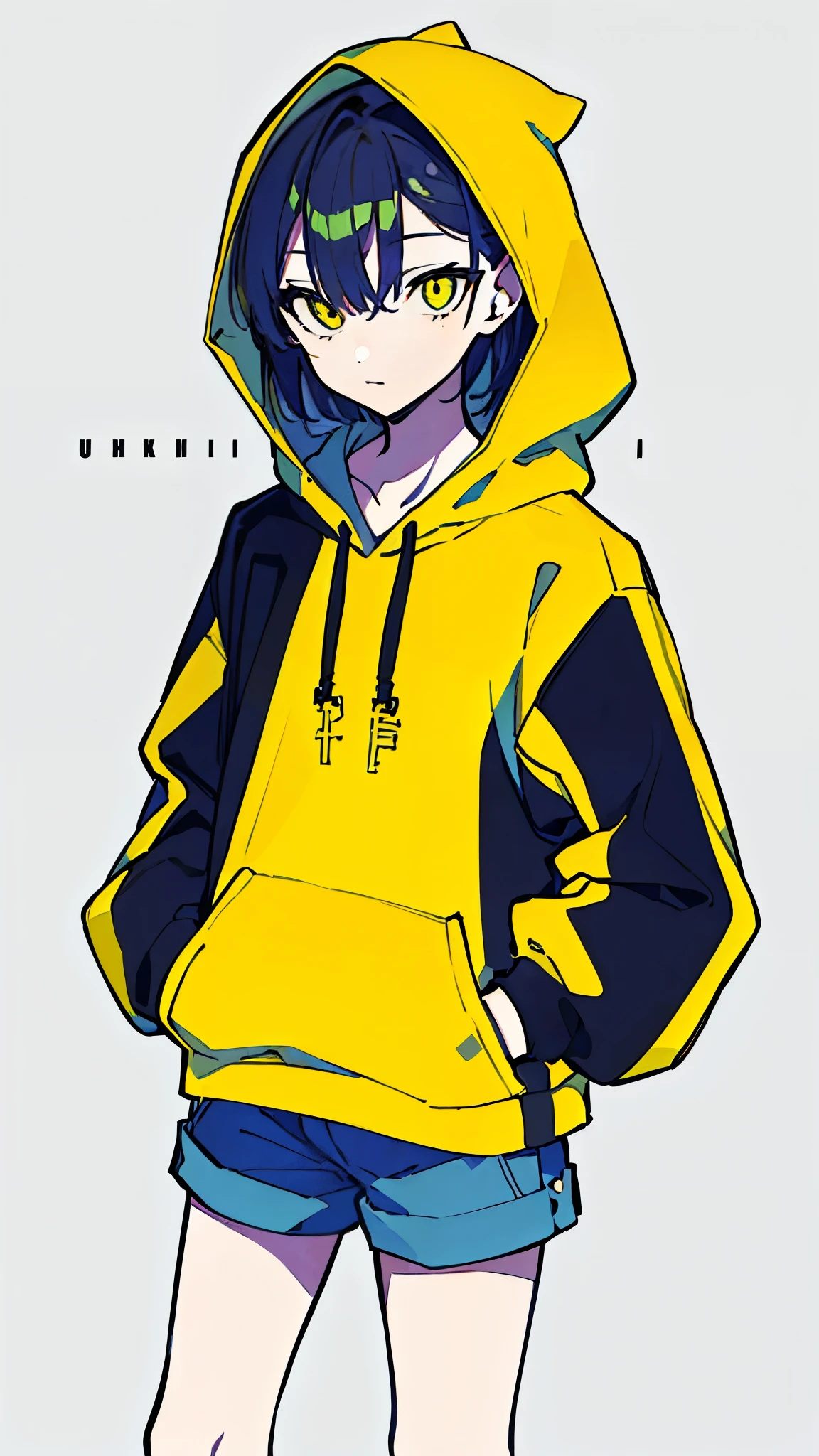 (masterpiece, highest quality:1.6), alone, thick outline, (simple background, Dark yellow background, monochrome, dark yellow theme:1.2), official art, Key Visual, 8K, disorganized, whole body, (Unique hair, Oversized Hoodies, hot pants, arch back, short torso:1.2), belly button, thighs, cowboy shot, HDR, sharp focus, High resolution, most detailed, very detailed, Super detailed, finely, detailed eyes and face, sharp pupils, realistic student, solo, contrast between yellow and light blue, solo, hands in pockets