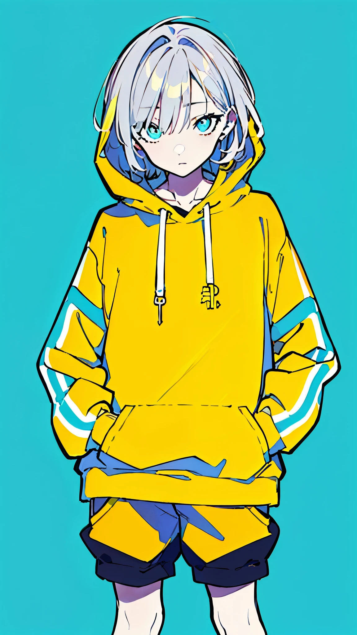 (masterpiece, highest quality:1.6), alone, thick outline, (simple background, Dark yellow background, monochrome, dark yellow theme:1.2), official art, Key Visual, 8K, disorganized, whole body, (Unique hair, Oversized Hoodies, hot pants, arch back, short torso:1.2), belly button, thighs, cowboy shot, HDR, sharp focus, High resolution, most detailed, very detailed, Super detailed, finely, detailed eyes and face, sharp pupils, realistic student, solo, contrast between yellow and light blue, solo, hands in pockets