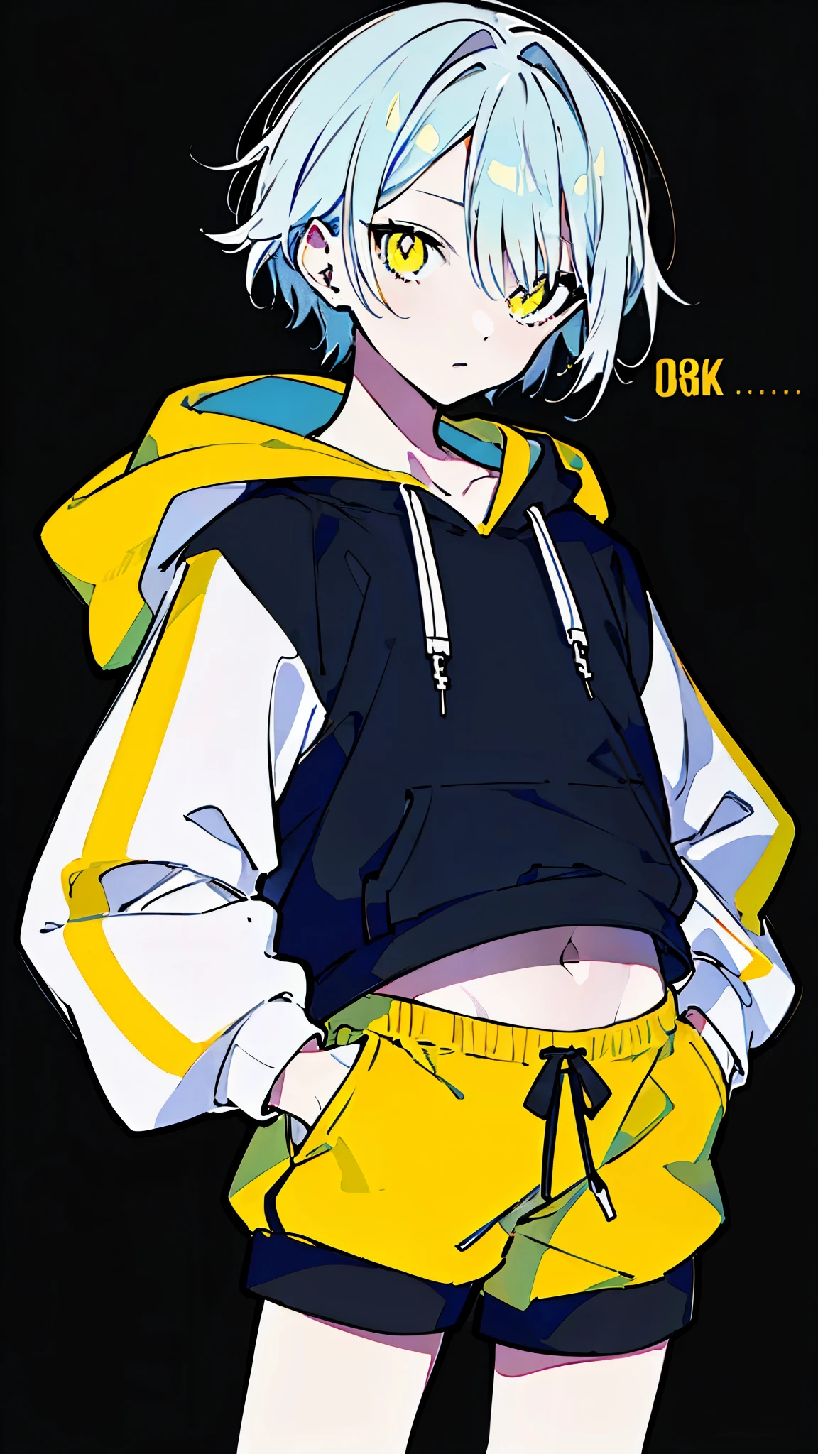 (masterpiece, highest quality:1.6), alone, thick outline, (simple background, Dark yellow background, monochrome, dark yellow theme:1.2), official art, Key Visual, 8K, disorganized, whole body, (Unique hair, Oversized Hoodies, hot pants, arch back, short torso:1.2), belly button, thighs, cowboy shot, HDR, sharp focus, High resolution, most detailed, very detailed, Super detailed, finely, detailed eyes and face, sharp pupils, realistic student, solo, contrast between yellow and light blue, solo, hands in pockets