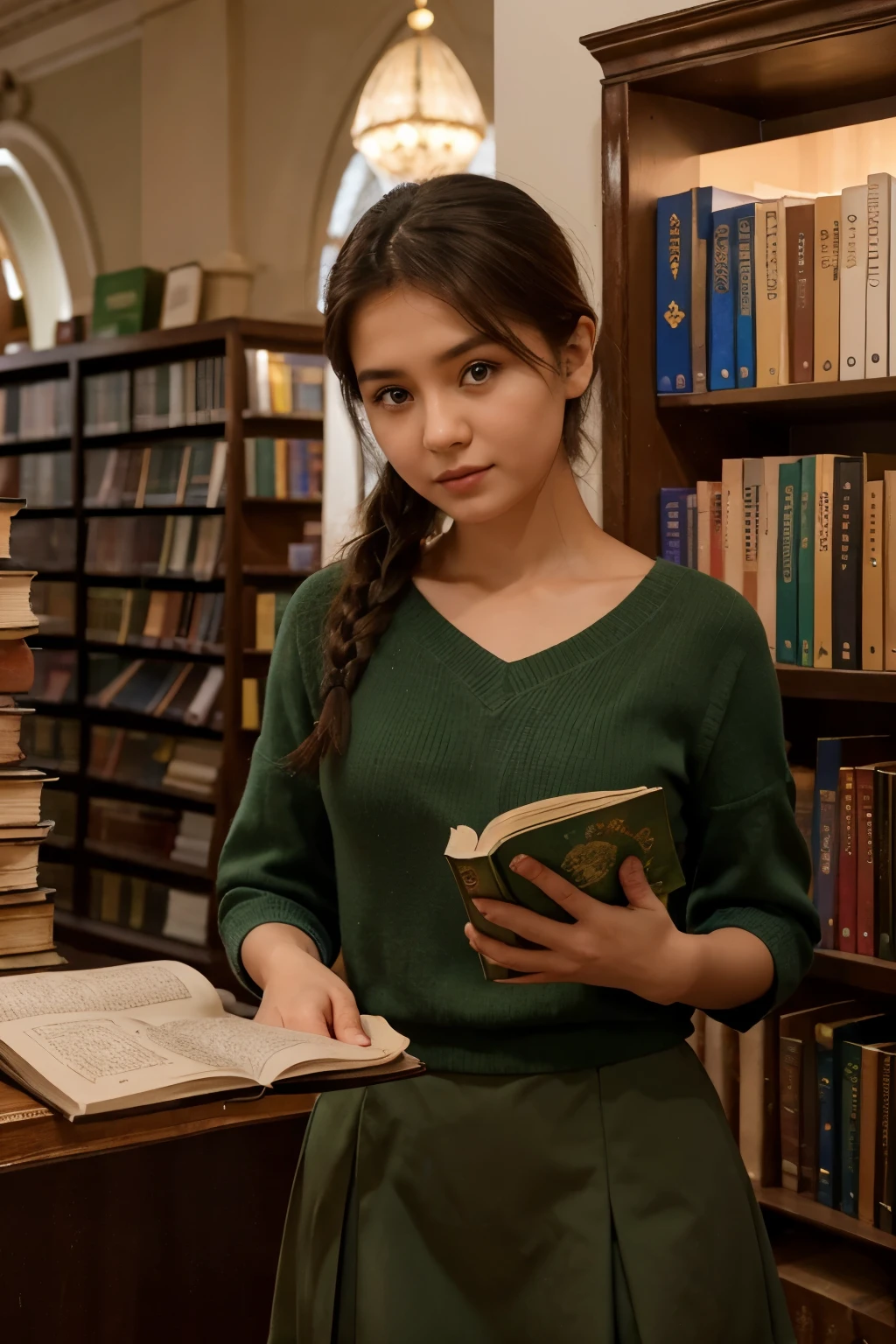 fairy tales, books,Bookstore,shops, uzbek, uniform book seller perfect, short hair up to the shoulders, cor ruiva, olhos verdes claros, seios pequenos,uzbek girl in her 20s, Fantasy,staff,guest,dream,department store,showcase,people,Employees,night scene,students are discussing among themselves