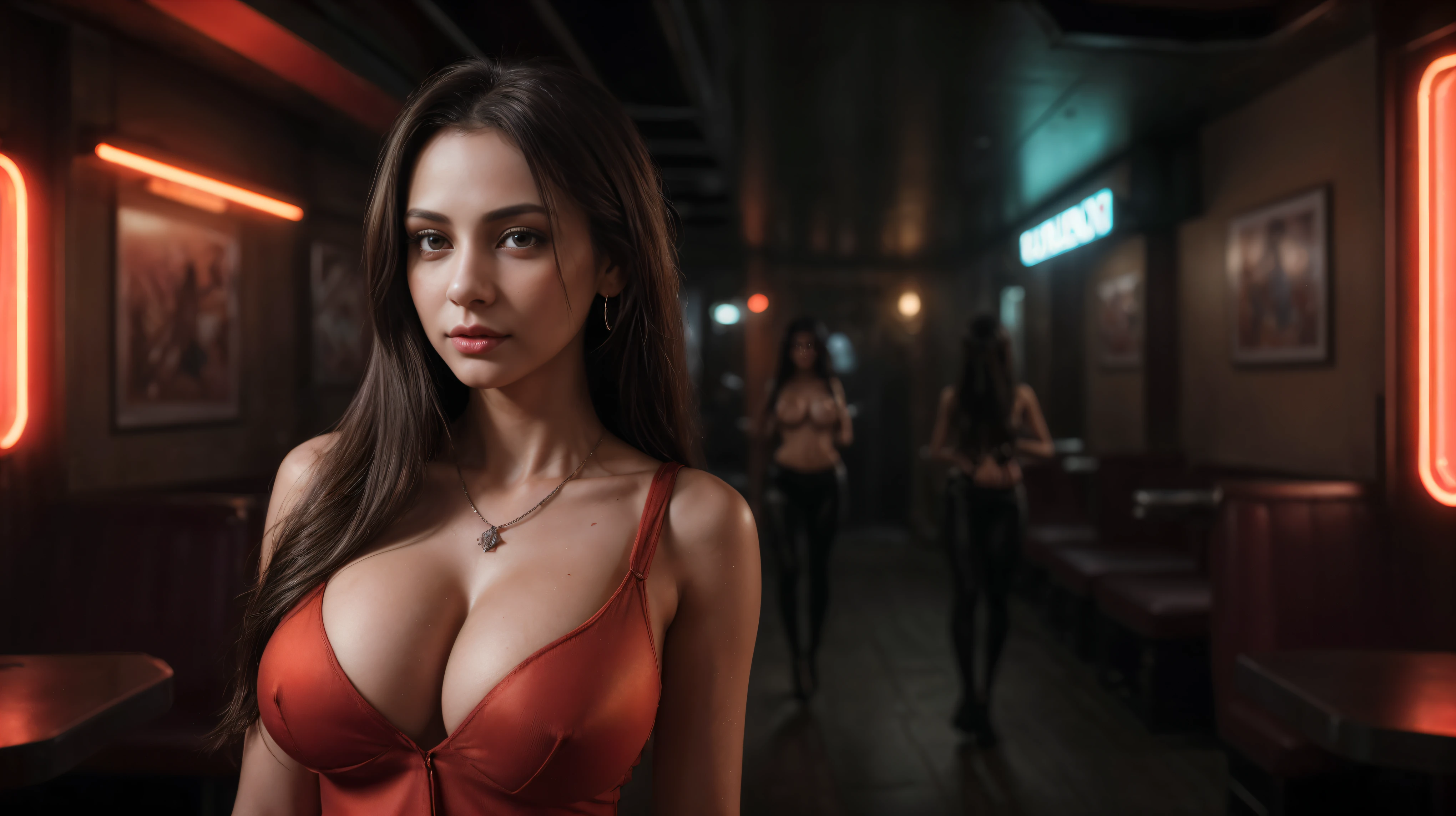 8k, masterpiece, RAW photo, best quality, photorealistic, extremely detailed CG unity 8k wallpaper, Depth of field, Cinematic Light, Lens Flare, Ray tracing, (extremely beautiful face, beautiful lips, beautiful eyes), intricate detail face, ((ultra detailed skin)), ((1girl:1.9)), ((alone:1.9)), ((seductively standing pose)), at night inside a grunge bar, deep shadow, (sharp focus), [((Raiana-Elizabeth-Dilla:1.9))], pretty girl, (very slim slender fit-muscled body:1.9), ((beautiful legs:1.4)), (big smile:1), (sexy ((see-through)) ((ultra-short ((red:1.5)) western-style clothes))), (((dark scenery,nightlife,westernlife))), (dimly lit atmosphere, faded neon signs, worn-out wooden counter, abandoned beer bottles, random graffiti on the walls, retro jukebox playing melancholic tunes, overflowing ashtray, whiskey bottles on the shelves, torn band posters, flickering bar lights, moody color palette), (blurred background:1.4), beautiful earrings, bracelets, necklace, red pendant, clear eyes, (pale skin), (face forward), ((whole-body-view)), ((full-body:1.8, cinematic shot)), soft lighting, (long black hairs), (looking at viewer:1.8), cleavage breasts, (large breasts:1.6), touching the breast, highly detailed, ultra realistic, extremely detailed and realistic ((red:1.2)) clothes.