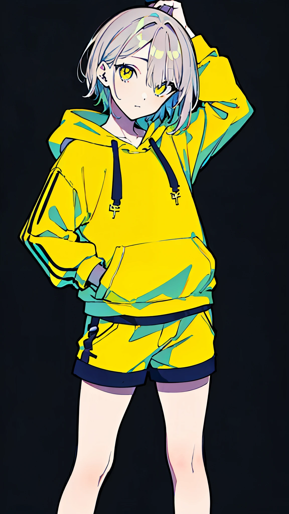 (masterpiece, highest quality:1.6), alone, thick outline, (simple background, Dark yellow background, monochrome, dark yellow theme:1.2), official art, Key Visual, 8K, confused, whole body, (Unique hair, oversized hoodie, hot pants, arch back, short torso:1.2), belly button, thighs, cowboy shot, HDR, sharp focus, High resolution, most detailed, very detailed, Super detailed, finely, detailed eyes and face, sharp pupils, realistic student