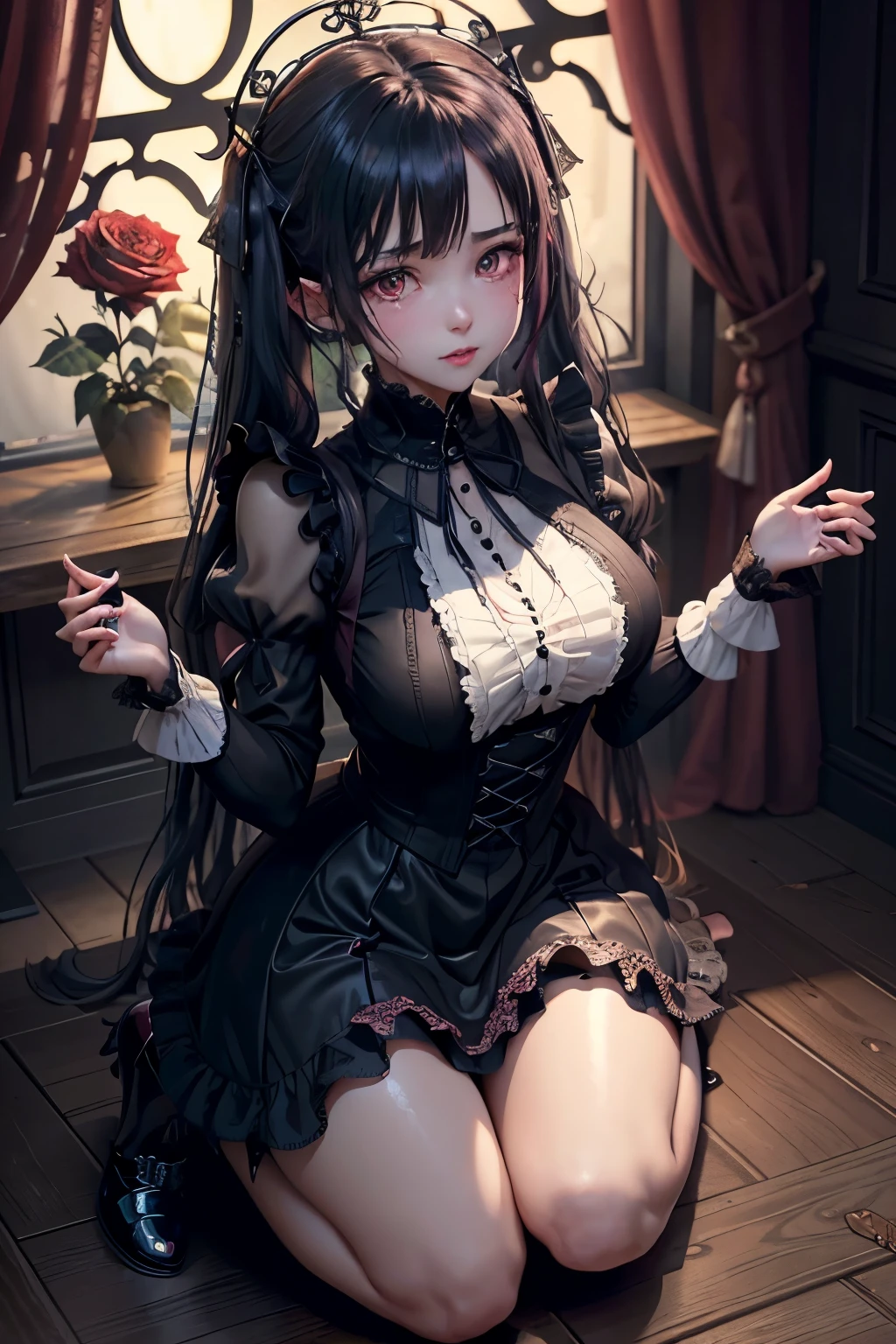 ハードdark gothicメイク、Insanity、deep night sky、horror、black dark eyeshadow、cry、grieve、good skin shine、dark gothicメイク、dark smile、Restless Palace、fragrant beauty、22 years old、lure、expression of intense sexual pleasure、A look of shame、dark gothic、lewd expression、muste piece、best quality、Refers to 5 books、Expression of sexual pleasure in suffering、drunk face、Purple Maid Clothes、mysterious、Noble、A face that is holding back the toilet、Super sexy、loving smile、twin tail hair、jet black ruffle skirt、right blue eye, left eye is red、Gothic bed covered with roses、Super bewitching pose、stick out your butt、platform heel shoes、dark makeup、black lipstick、Stained glass、black metal world、open your legs sloppily、make the world beautiful、sit on a bed of roses、gothic lolita clothes、comb your hair、A little slender、silver hair、long hair straight hair、cute gothic lolita dress、beautiful face、face of elegance、bewitching face、knee high socks、Stained glassが背景、My chest is shiny from a lot of sweat、the room is dark、slender、appropriate chest size、Goth  Long Dress、bell sleeve、wizard sleeve、decadent look、sexually excited look、Raking hair、Ritual、gothic ritual、Glossy thighs wet with water、Thighs wet and shiny with oil、unusual mysterious expression、Background of a room filled with roses、dumbfounded expression、Rozen Maiden、body is wet and shiny、Lots of glitter on the thighs、i am sweating a lot、A lot of sweat and stickiness on the thighs、Sweat glistening on your thighs、My whole body is shiny with sweat、pretty sweaty、My thighs are sweaty、my thighs are so wet、My thighs are shiny from a lot of sweat、embroidery is pink、clothes embroidery pink、thigh high socks、Moderate chest size、Get on your knees、put your knees on the floor、knee high socks、copious thigh sweat、Kneeling、open your legs wide、