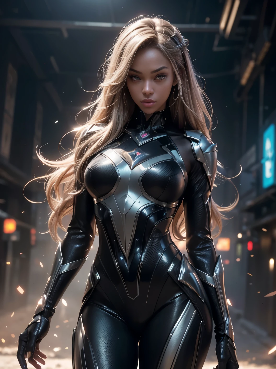 Cinematic, clear facial features and insanely detailed, it captures the essence of the african-american woman (looks similar to Tyra Banks) with breathtaking beauty. The color grading is beautifully done, enhancing the overall cinematic feel. Unreal Engine brings her to life, her appearance even more mesmerizing. With the use of depth of field (DOF), every detail is focused and accentuated, drawing attention to her eyes and hair. The image resolution is at its peak, utilizing super-resolution technology to ensure every pixel is perfect. Cinematic lighting enhances her aura, while anti-aliasing techniques like FXAA and TXAA keep the edges smooth and clean. Adding realism to the robot-like body suit, RTX technology enables ray tracing, it look as if it's actually there. Additionally, SSAO (Screen Space Ambient Occlusion) gives depth and realism to the scene, the girl's presence even more convincing. In the post-processing and post-production stages, tone mapping enhances the colors, creating a captivating visual experience. The integration of CGI (Computer-Generated Imagery) and VFX (Visual Effectrings out her robotic features in a seamless manner. SFX (Sound Effects) complement the visual artistry, immersing the viewer further into this fantastic world. The level of detail is awe-inspiring, with intricate elements meticulously crafted, the artwork hyper maximalist and hyper-realistic. Volumetric effects add depth and dimension, and the photorealism is unparalleled. The image is rendered in 8K resolution, ensuring super-detailed visuals. The volumetric lightning adds a touch of magic, highlighting her beauty and aura in an otherworldly way. High Dynamic Range (HDR) technology makes the colors pop, adding richness to the overall composition. Ultimately, this artwork presents an unreal, yet stunningly real portrayal of an incredibly beautiful girl. The sharp focus ensures that every feature is crisply defined, leaving the audience captivated by her presence. --v testp