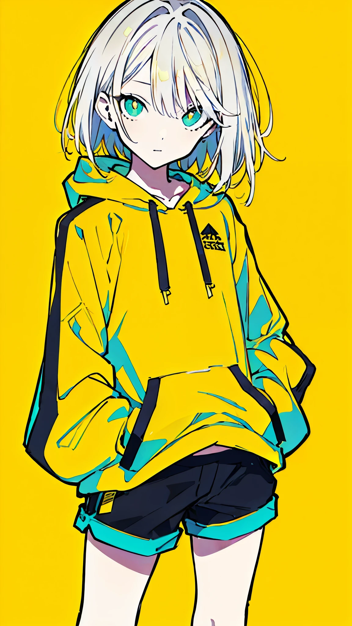 (masterpiece, highest quality:1.6), alone, thick outline, (simple background, Dark yellow background, monochrome, dark yellow theme:1.2), official art, Key Visual, 8K, disorganized, whole body, (Unique hair, Oversized Hoodies, hot pants, arch back, short torso:1.2), belly button, thighs, cowboy shot, HDR, sharp focus, High resolution, most detailed, very detailed, Super detailed, finely, detailed eyes and face, sharp pupils, realistic student, solo, contrast between yellow and light blue, solo, hands in pockets